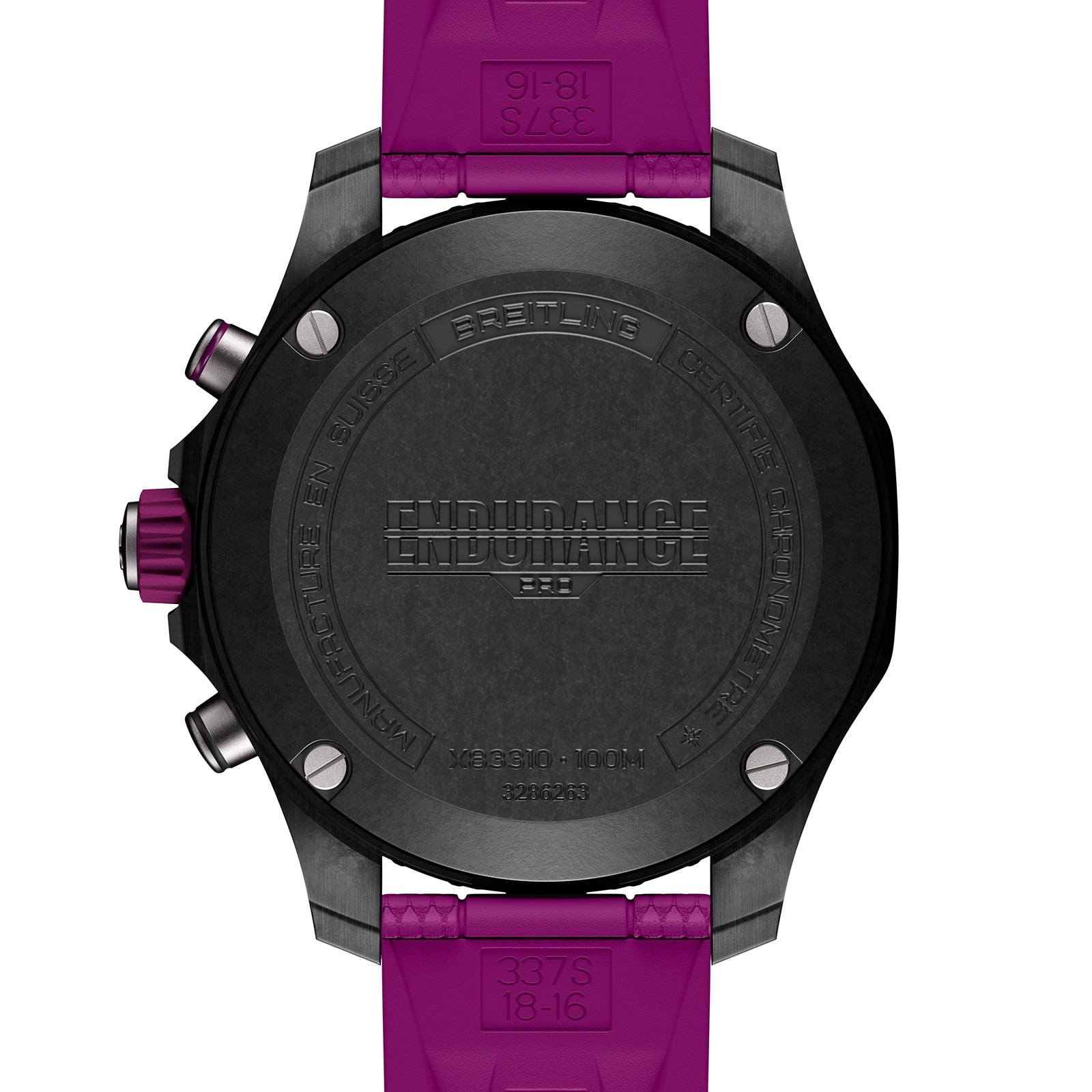 Back view of the Breitling Endurance Pro 38 athleisure watch featuring a lightweight case, engraved markings, and a purple rubber strap.