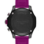 Back view of the Breitling Endurance Pro 38 athleisure watch featuring a lightweight case, engraved markings, and a purple rubber strap.