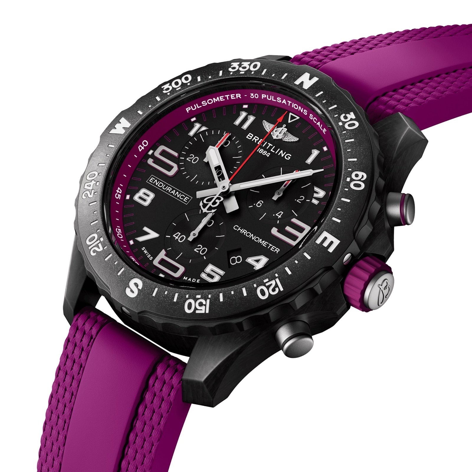 The Breitling Endurance Pro 38 is a sporty chronograph with a black dial, magenta accents, a magenta rubber strap, and a pulsimeter bezel in a robust Breitlight case—ideal for athleisure style.