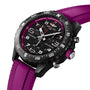 The Breitling Endurance Pro 38 is a sporty chronograph with a black dial, magenta accents, a magenta rubber strap, and a pulsimeter bezel in a robust Breitlight case—ideal for athleisure style.