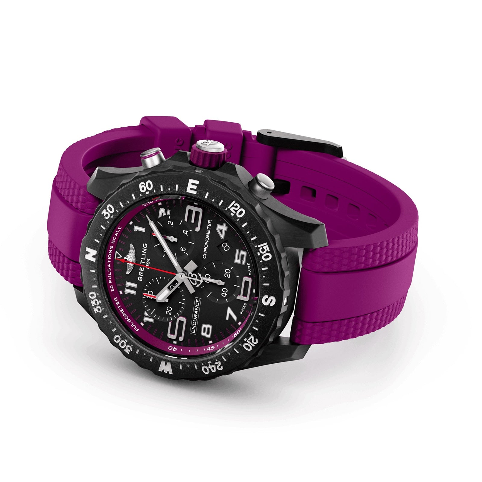 The Breitling Endurance Pro 38 is a black sports chronograph wristwatch with a magenta rubber strap and bezel accents, detailed analog dial, and white indices—ideal as an athleisure accessory.