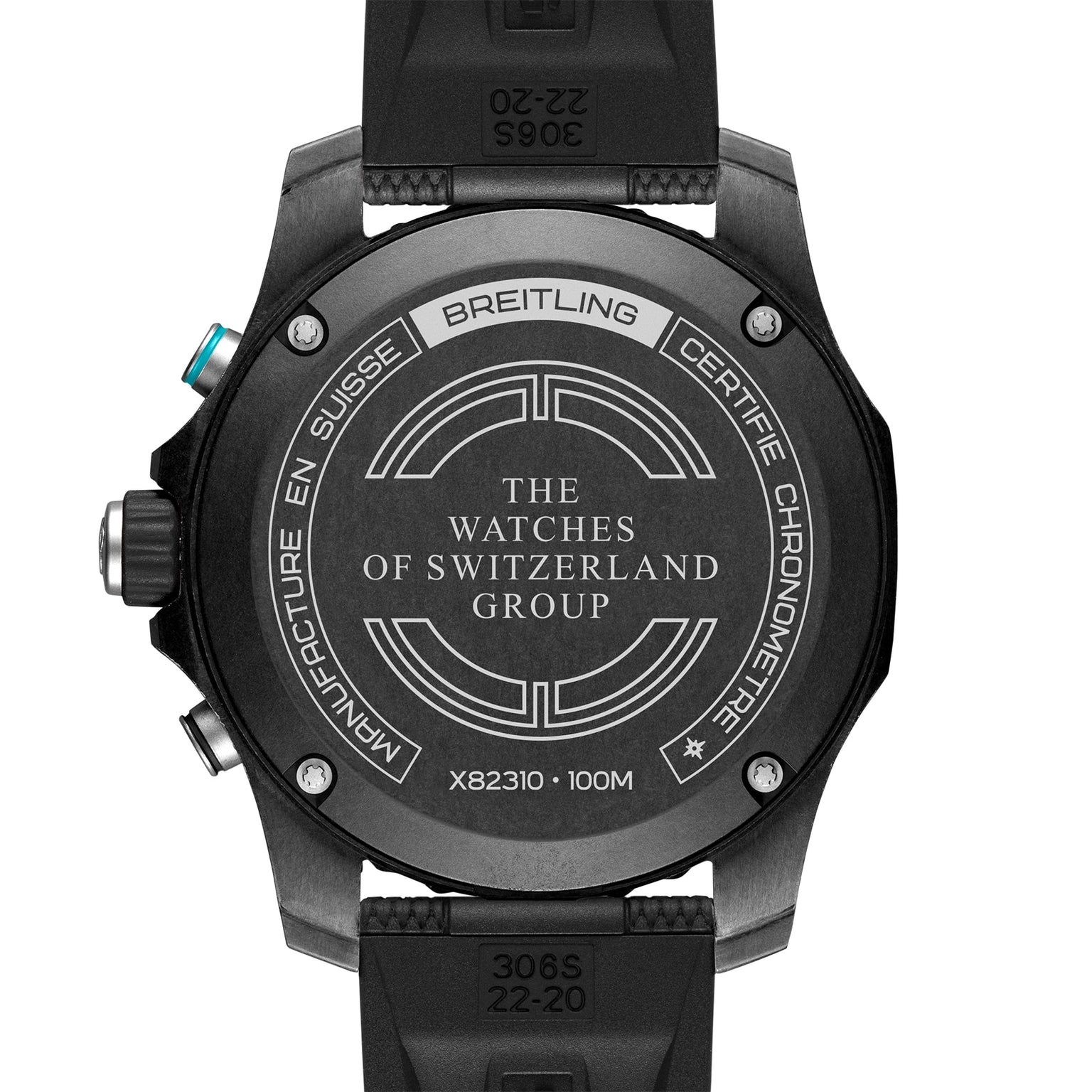 Back view of the Breitling Endurance Pro 44 The Watches Of Switzerland Group Exclusive, showing engraved branding, group name, 100M water resistance, and chronometer-certified movement details.