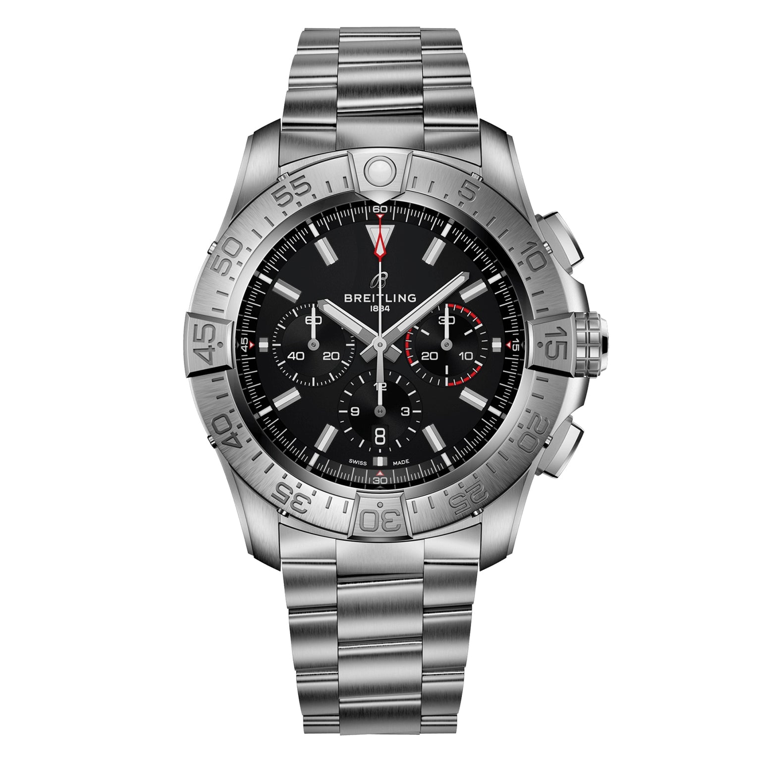 Breitling Super Avenger B01 Chronograph 46 stainless steel watch featuring a black dial with three subdials, date window, and metal link bracelet in bold aviation style.