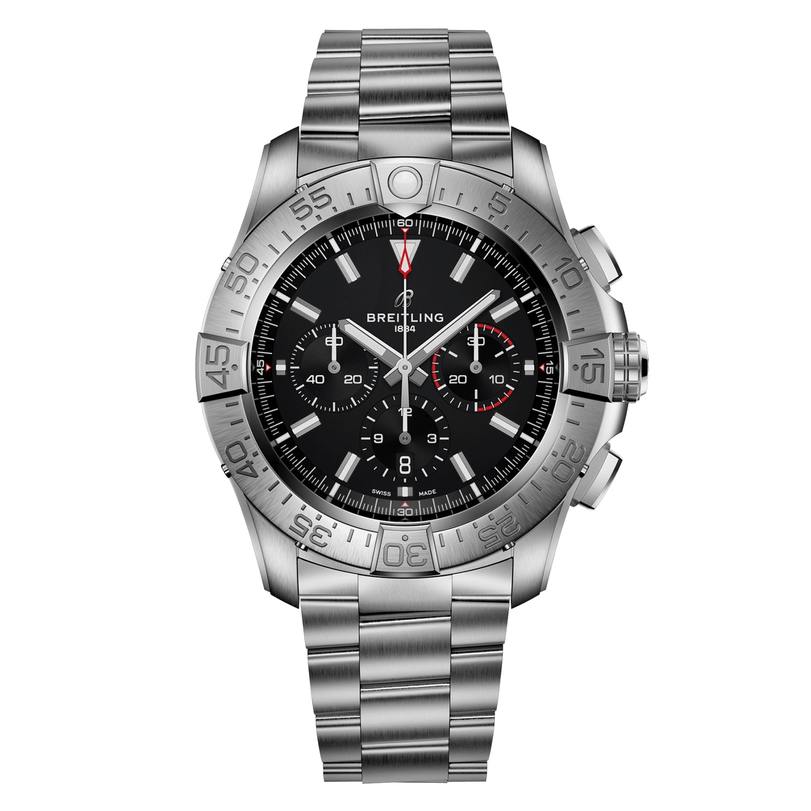 Breitling Super Avenger B01 Chronograph 46 stainless steel watch featuring a black dial with three subdials, date window, and metal link bracelet in bold aviation style.