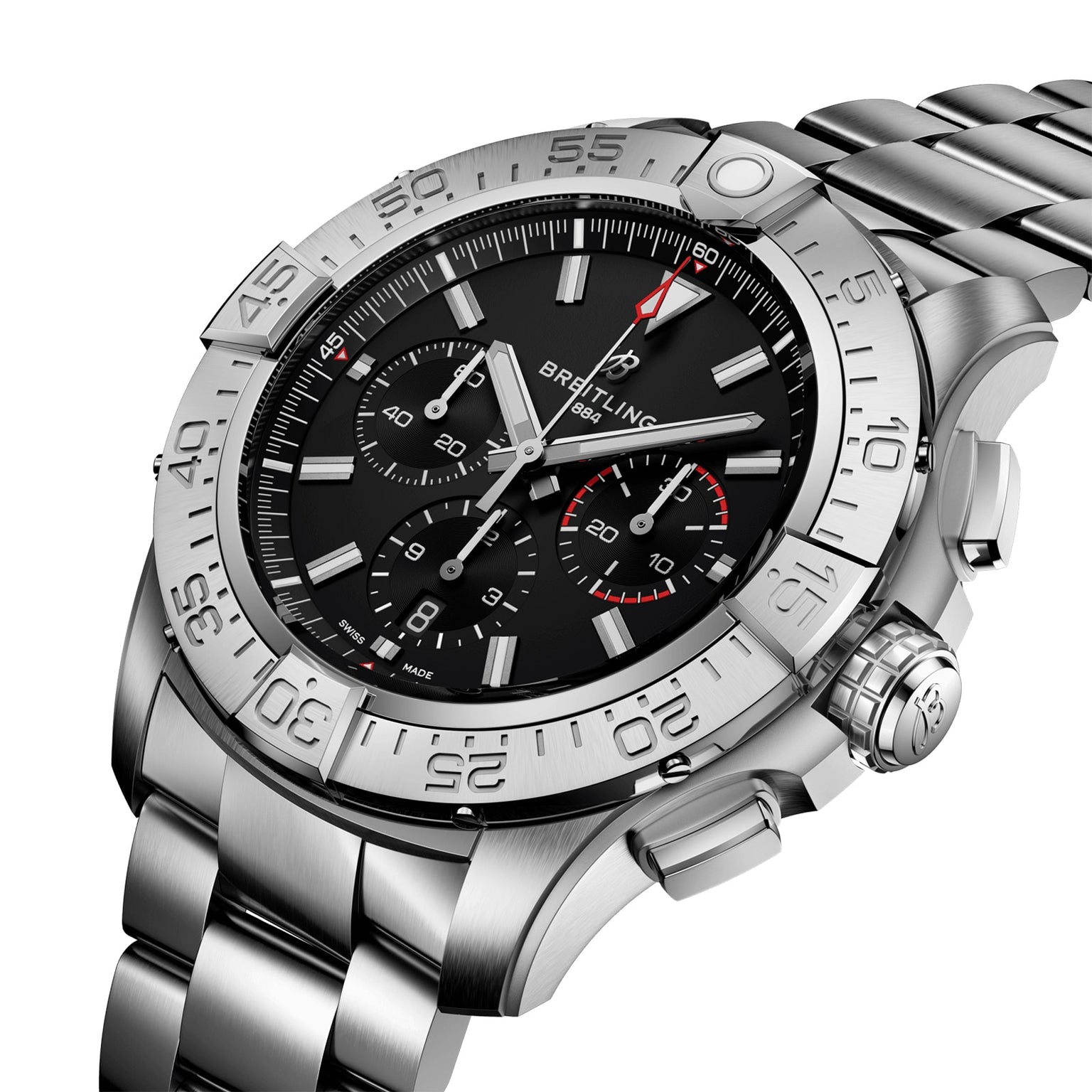 The Breitling Super Avenger B01 Chronograph 46 is a stainless steel aviation-style wristwatch featuring a black dial with three subdials, a rotating bezel, and a metal link bracelet.