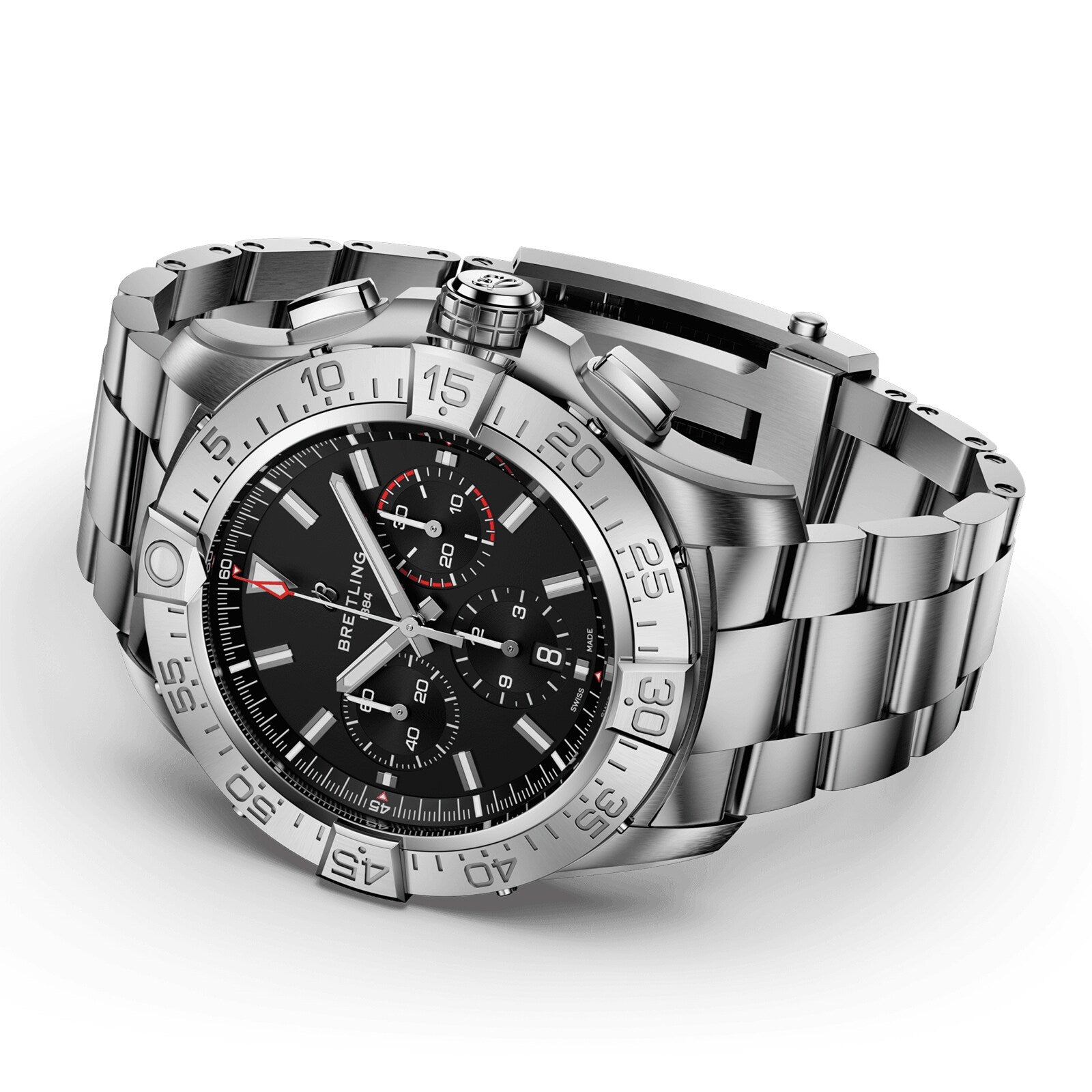 The Breitling Super Avenger B01 Chronograph 46, a stainless steel aviation-style watch with a black dial, three subdials, and a metal link bracelet, is displayed at an angle on a white background.