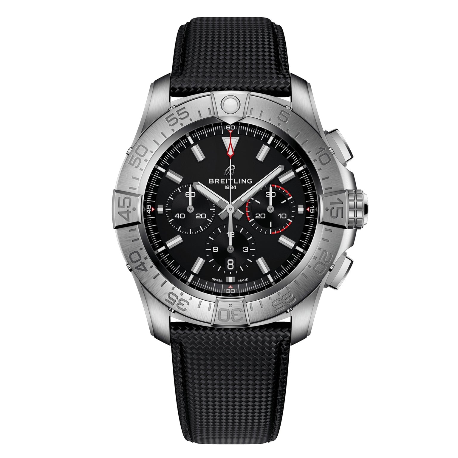 The Breitling Super Avenger B01 Chronograph 46 is a stainless steel watch with a black dial, three subdials, date window, silver indices, and a black textured aviation-style strap.