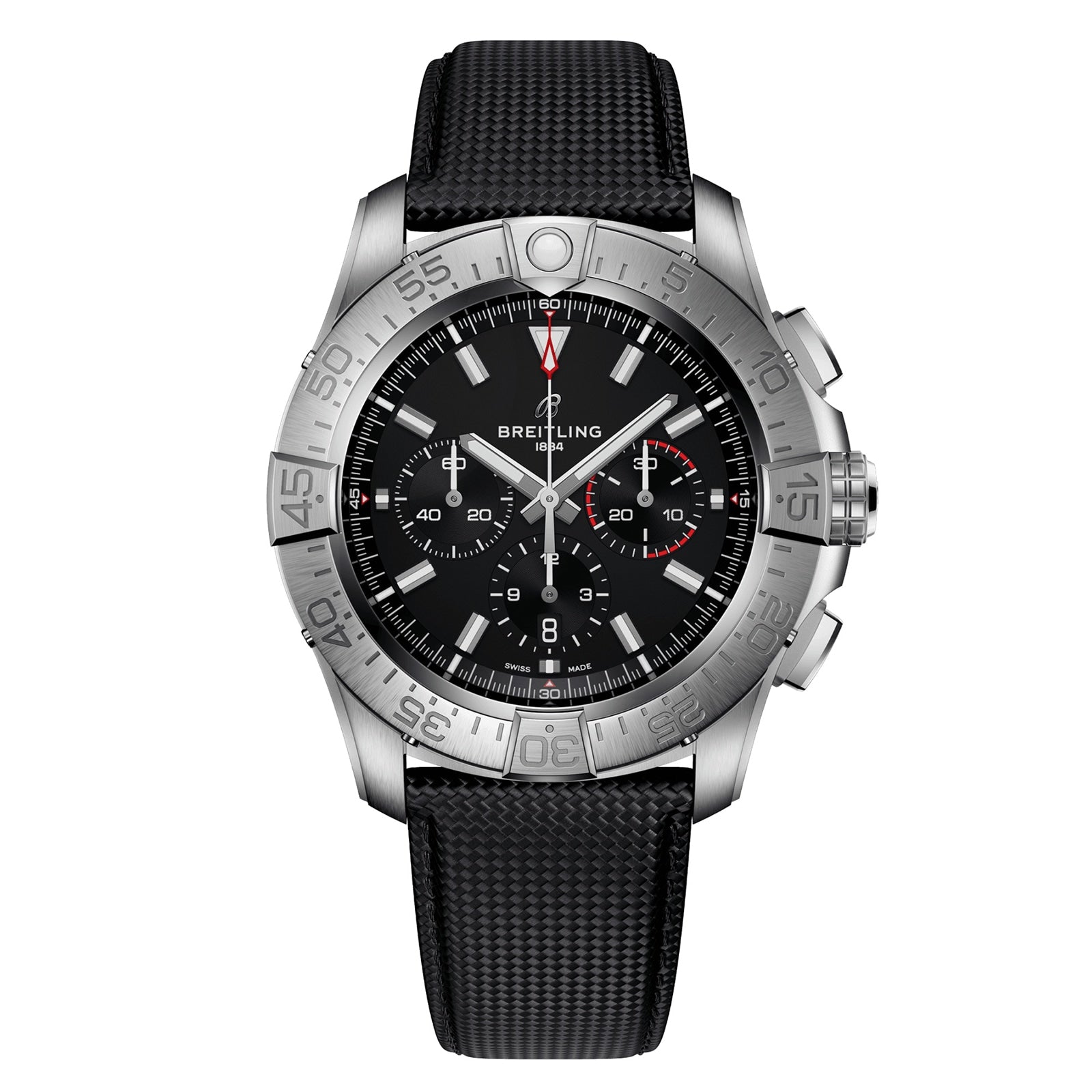 The Breitling Super Avenger B01 Chronograph 46 is a stainless steel watch with a black dial, three subdials, date window, silver indices, and a black textured aviation-style strap.