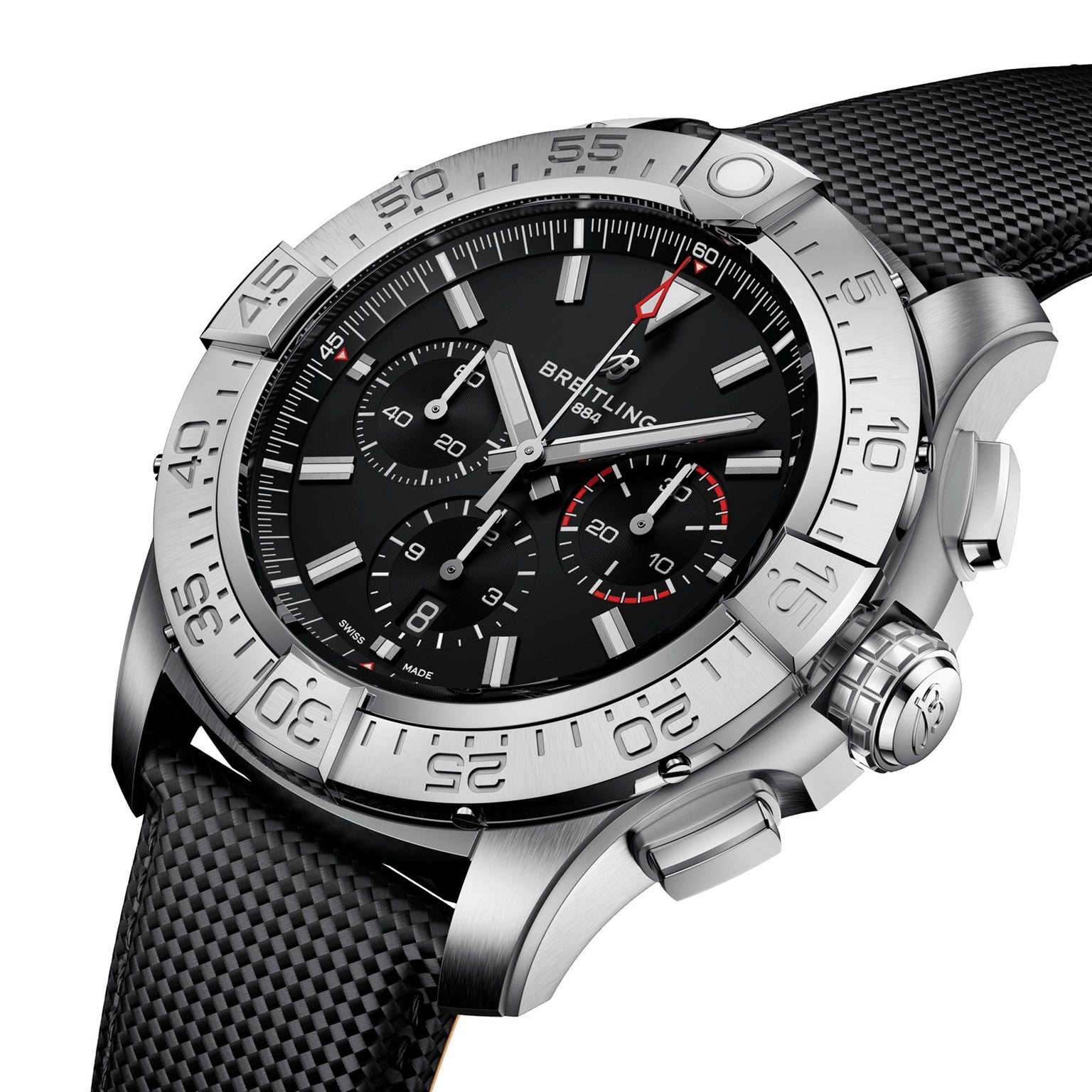 The Breitling Super Avenger B01 Chronograph 46 features a stainless steel case, black dial with three subdials, silver hour markers, red accents, and a textured black strap for bold aviation style.