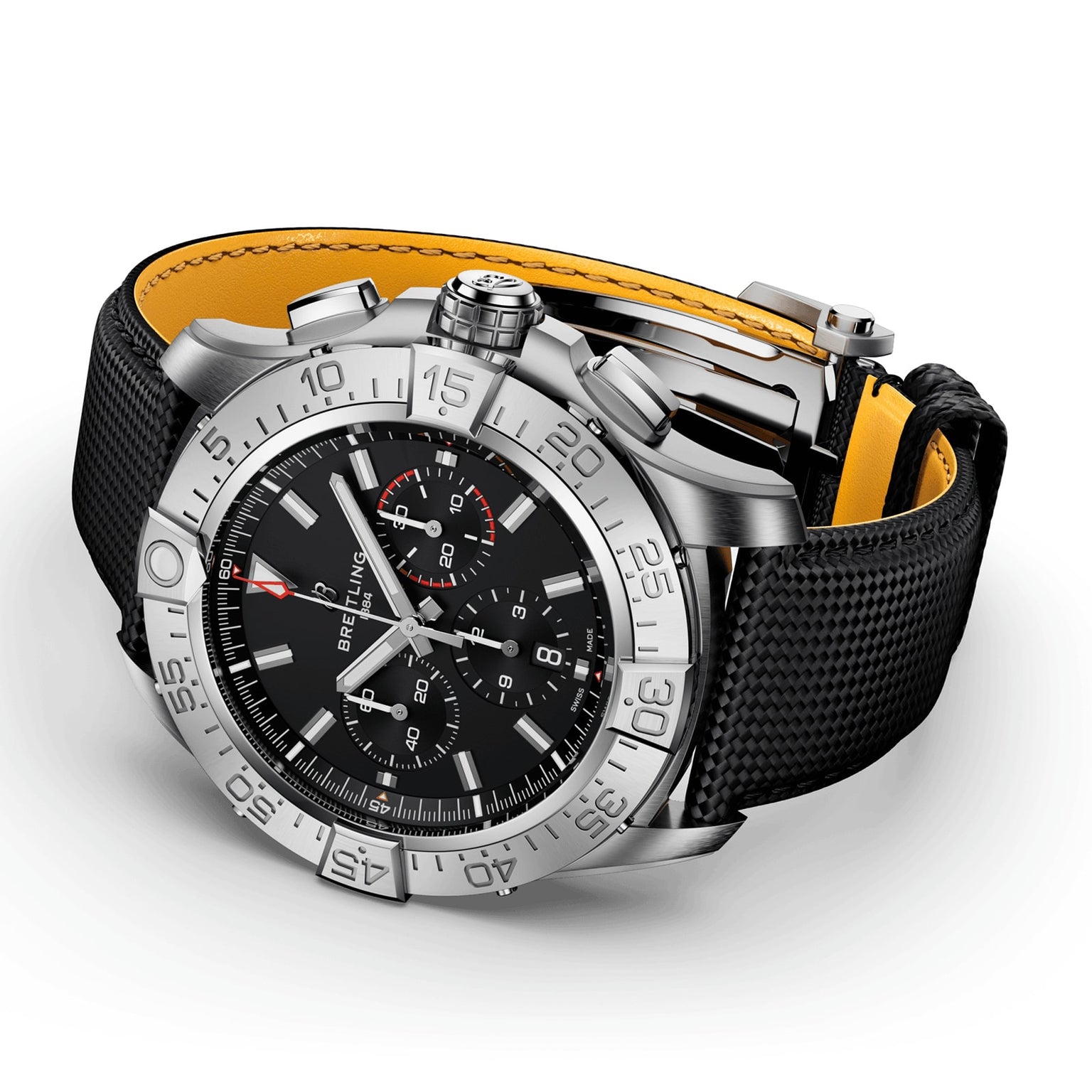 The Breitling Super Avenger B01 Chronograph 46 features a stainless steel case, black dial, silver bezel, and black textured strap with yellow lining, highlighting signature aviation style against a white background.