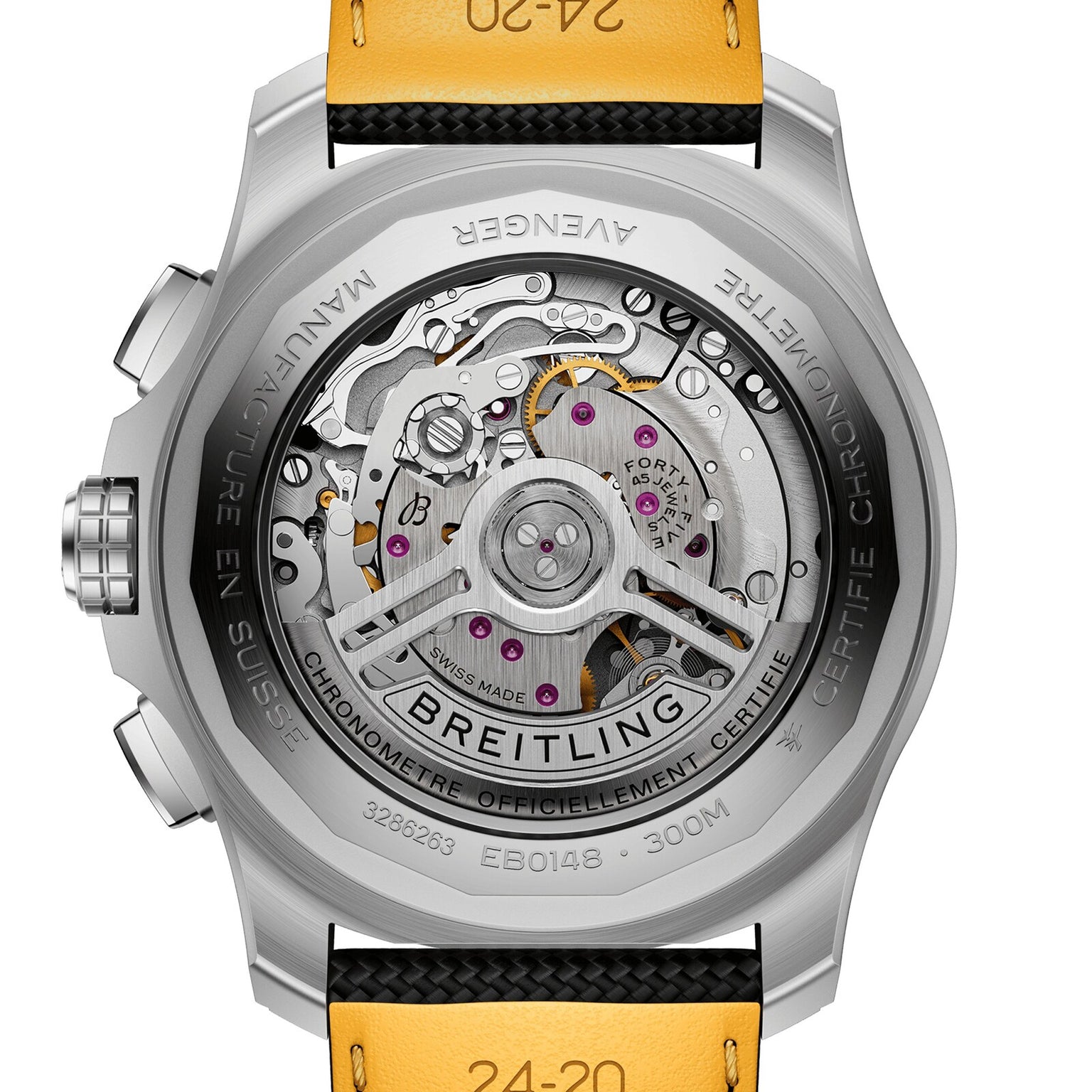 Close-up of the back of the Breitling Super Avenger B01 Chronograph 46, highlighting its exposed automatic movement with visible gears, engraved details, and a bold yellow and black aviation-style strap.