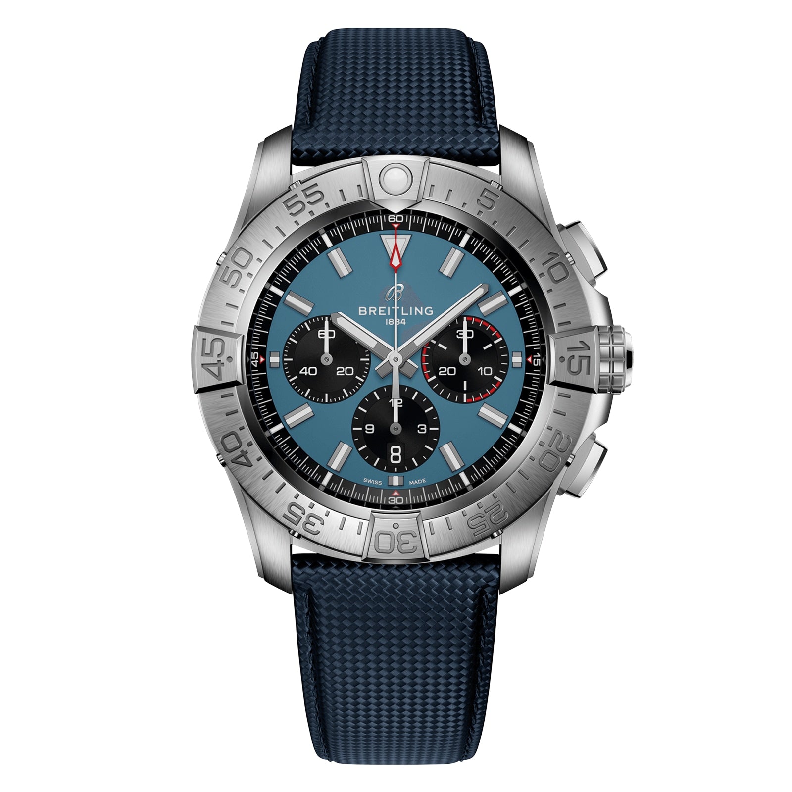 The Breitling Super Avenger B01 Chronograph 46 features a blue dial, three subdials, a date window, and a textured blue strap—all in stainless steel for authentic aviation-inspired style.
