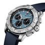 The Breitling Super Avenger B01 Chronograph 46 features a stainless steel case, blue dial with three subdials, date display, and an aviation-style textured blue strap.