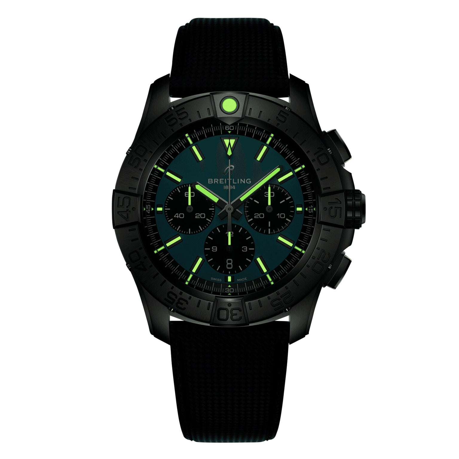 The Breitling Super Avenger B01 Chronograph 46 features a black case, military leather strap, green indices, and luminous hands, shown against a white background.