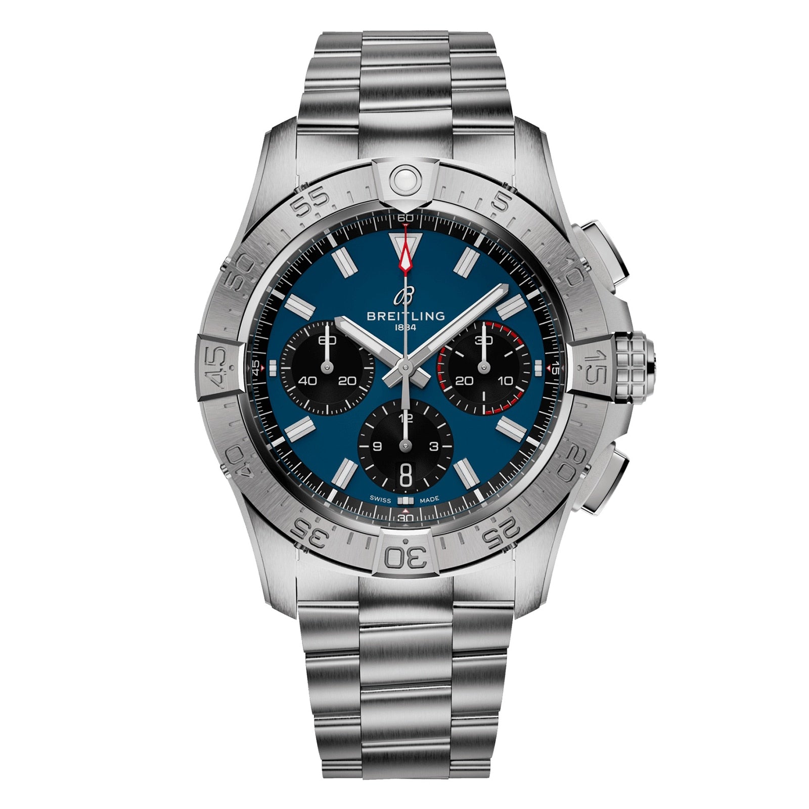 The Breitling Avenger B01 Chronograph 42 features a stainless steel case, blue dial with three black subdials, and a silver metal bracelet, embodying bold aviation style.