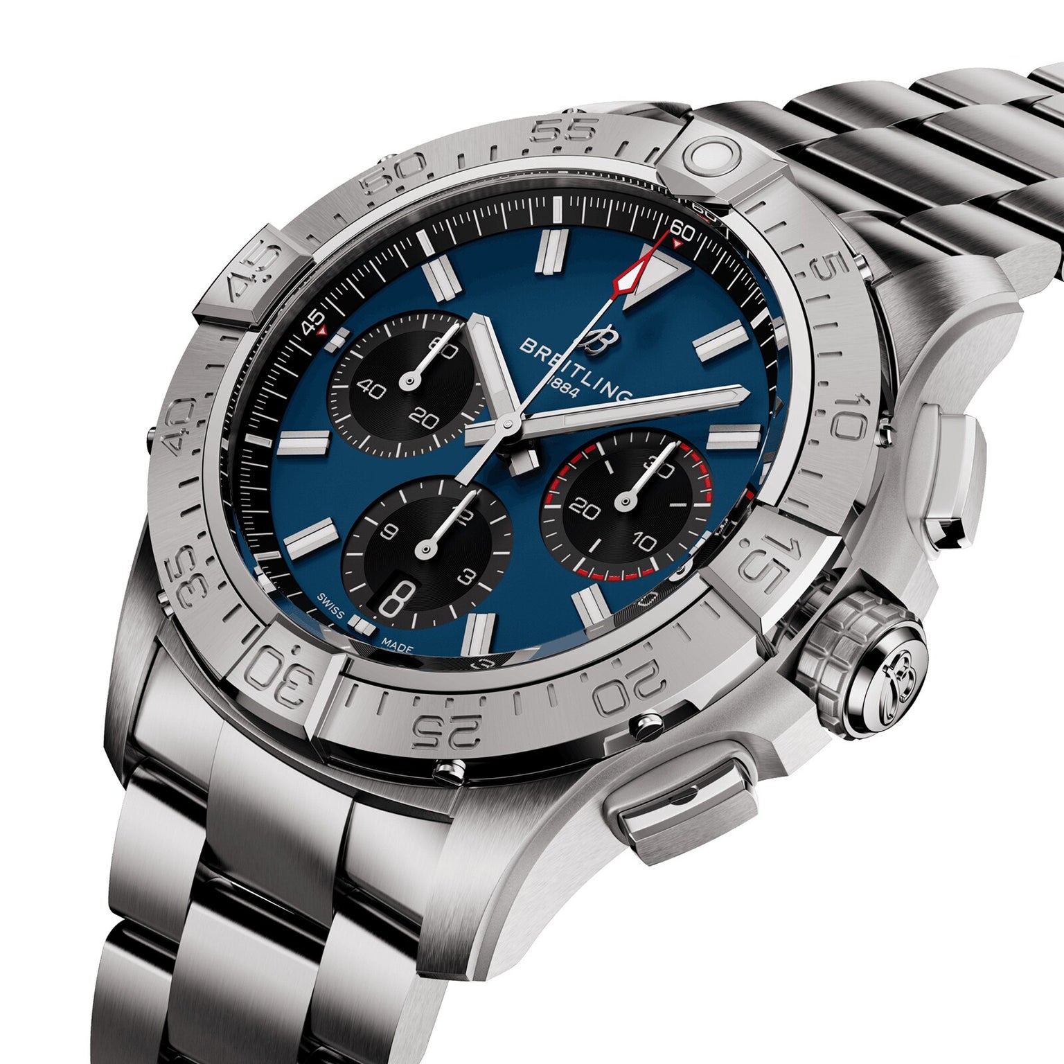 The Breitling Avenger B01 Chronograph 42 features a stainless steel case, blue dial with three black subdials, and a metal link bracelet, embodying the brands classic aviation style.