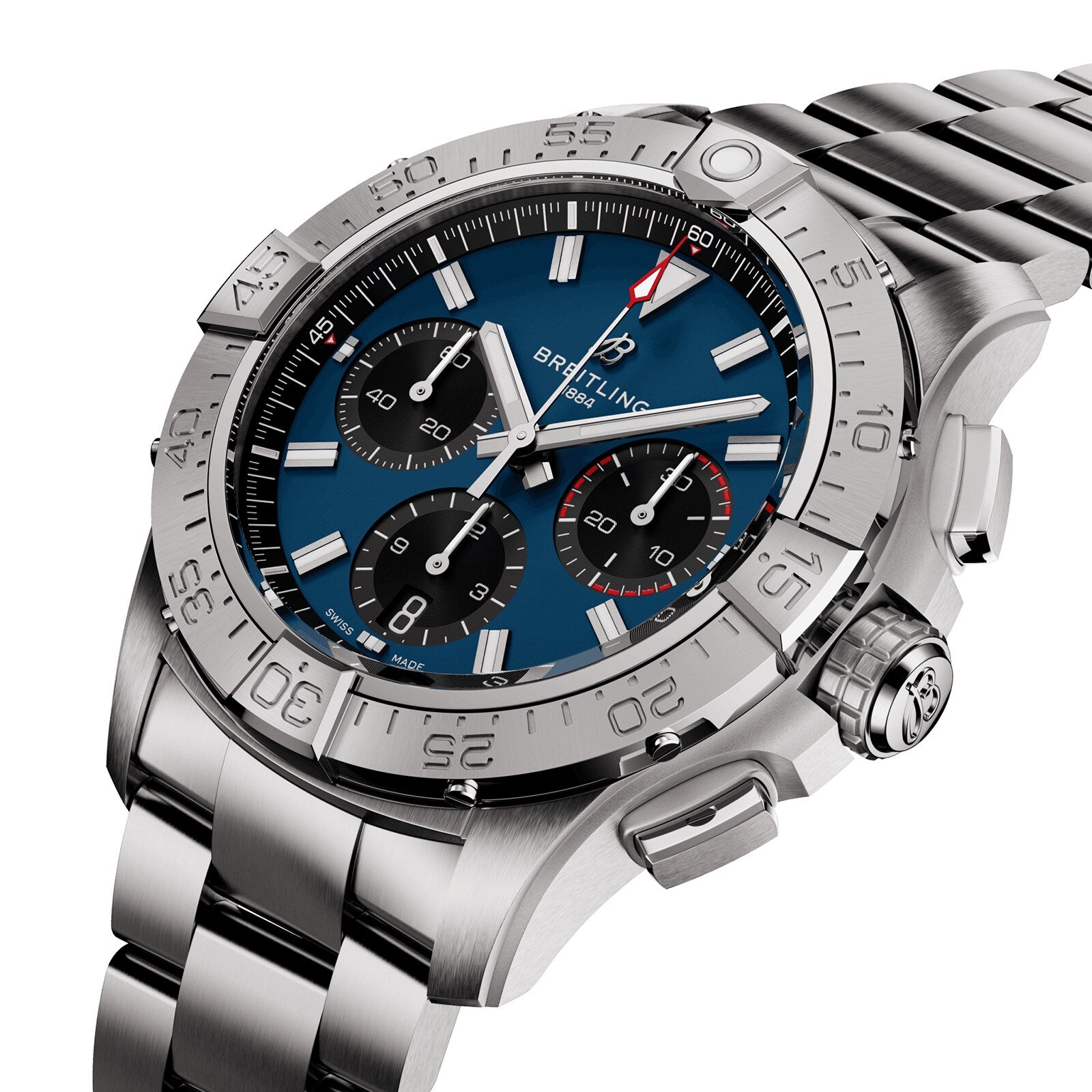 The Breitling Avenger B01 Chronograph 42 features a stainless steel case, blue dial with three black subdials, and a metal link bracelet, embodying the brands classic aviation style.