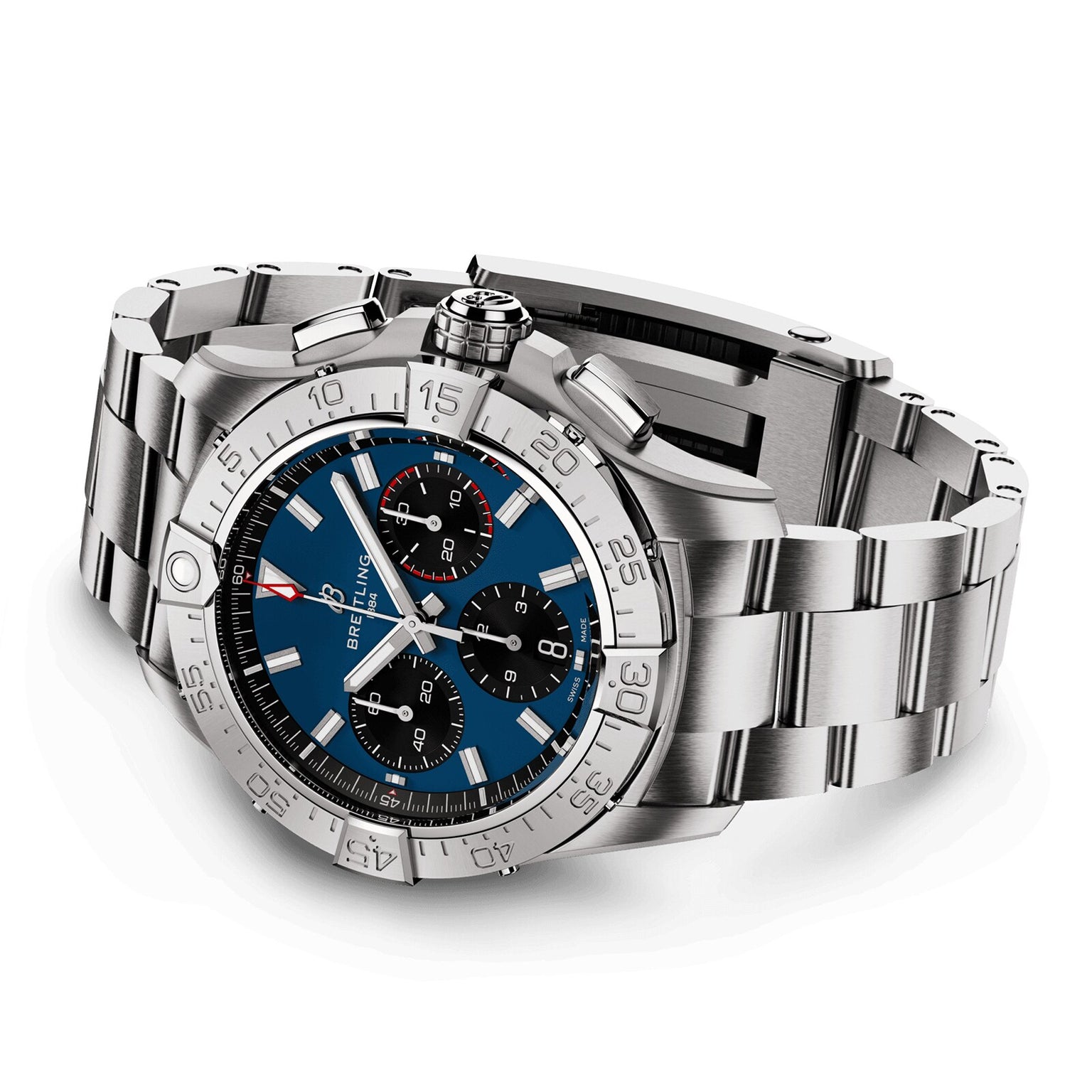 The Breitling Avenger B01 Chronograph 42, featuring a stainless steel case, blue dial with three black subdials, and a metal link bracelet, is displayed at an angle on a white background for bold aviation-inspired style.