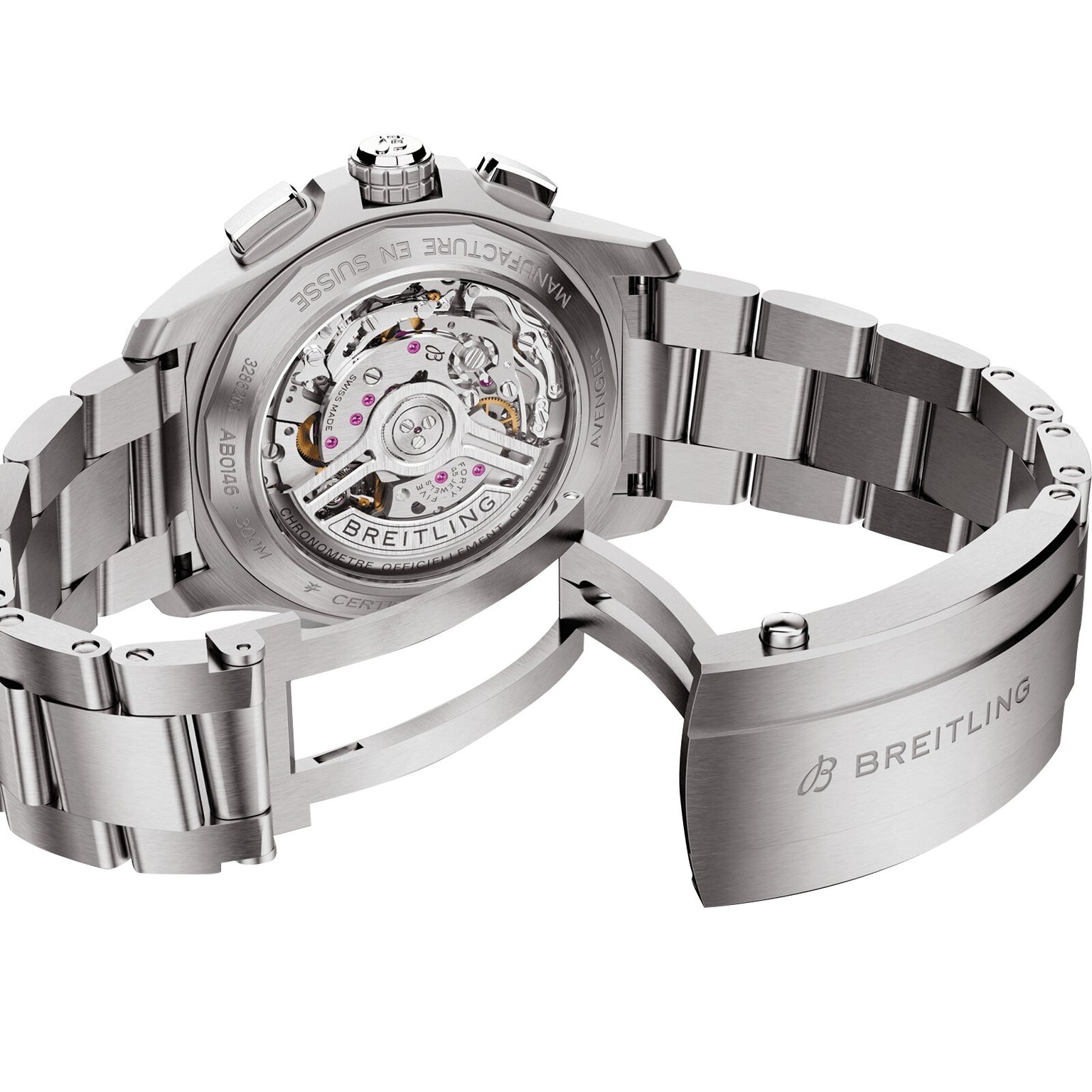 Close-up of the Breitling Avenger B01 Chronograph 42’s stainless steel caseback, revealing the automatic movement and engraved details—an iconic aviation-inspired timepiece.