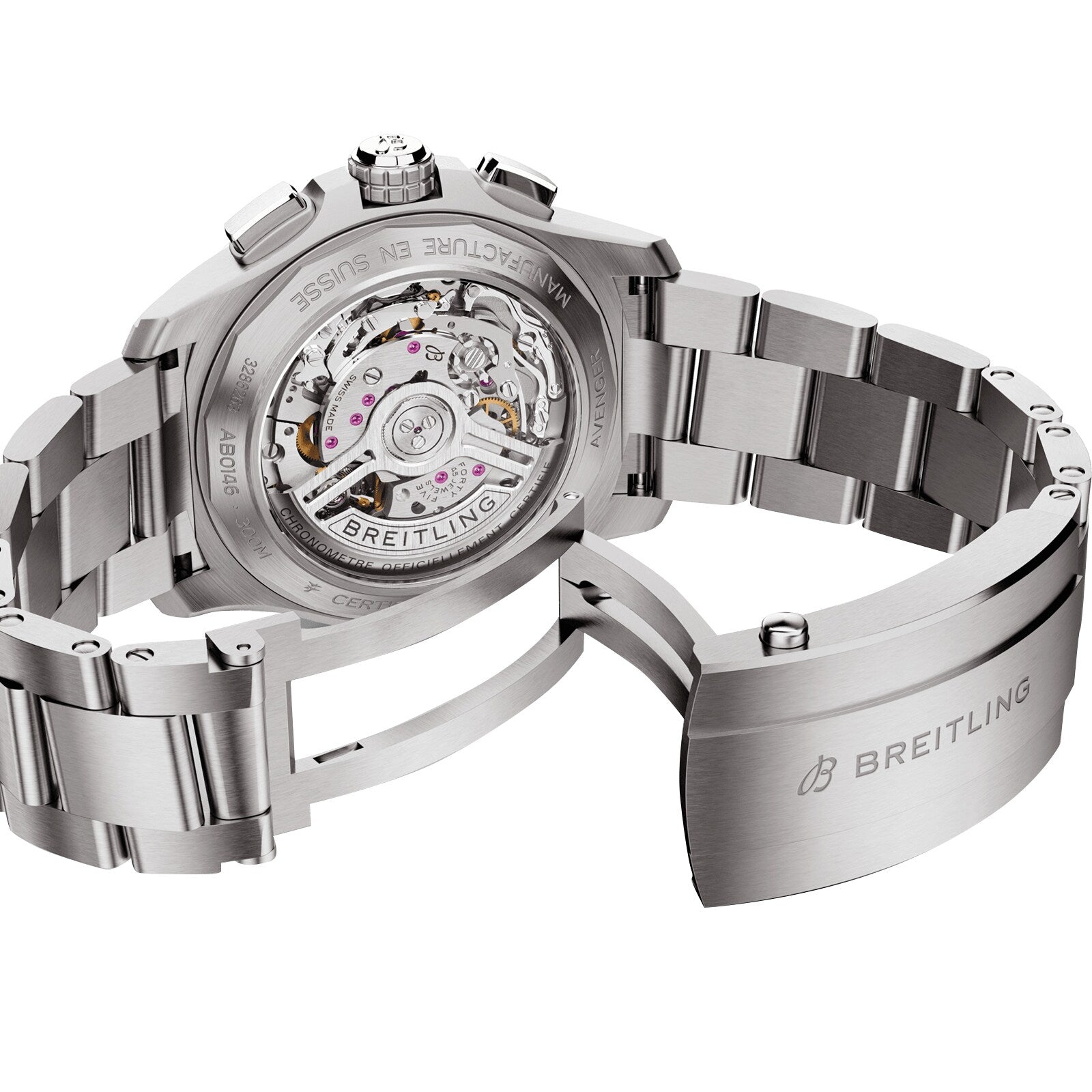 Close-up of the Breitling Avenger B01 Chronograph 42’s stainless steel caseback, revealing the automatic movement and engraved details—an iconic aviation-inspired timepiece.