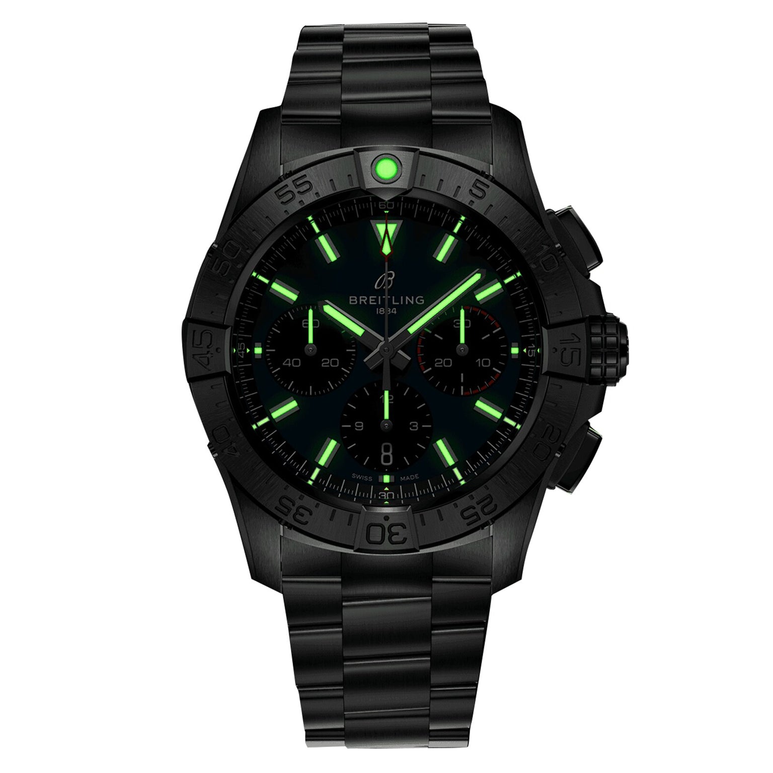 The Breitling Avenger B01 Chronograph 42 wristwatch in black features luminous green markers and hands, a military leather strap, and is displayed against a white background.