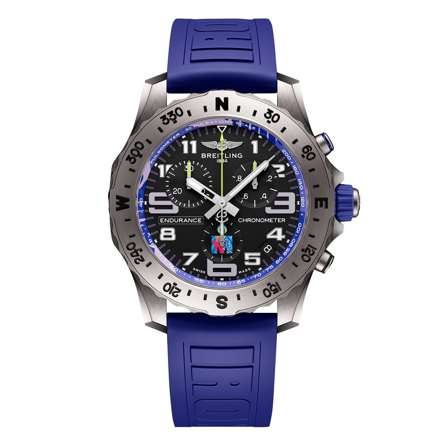 The Breitling Endurance Pro 44 Ironman® World Championship 2024 features a black dial with blue accents, multiple subdials, a rotating bezel, and a blue rubber strap.