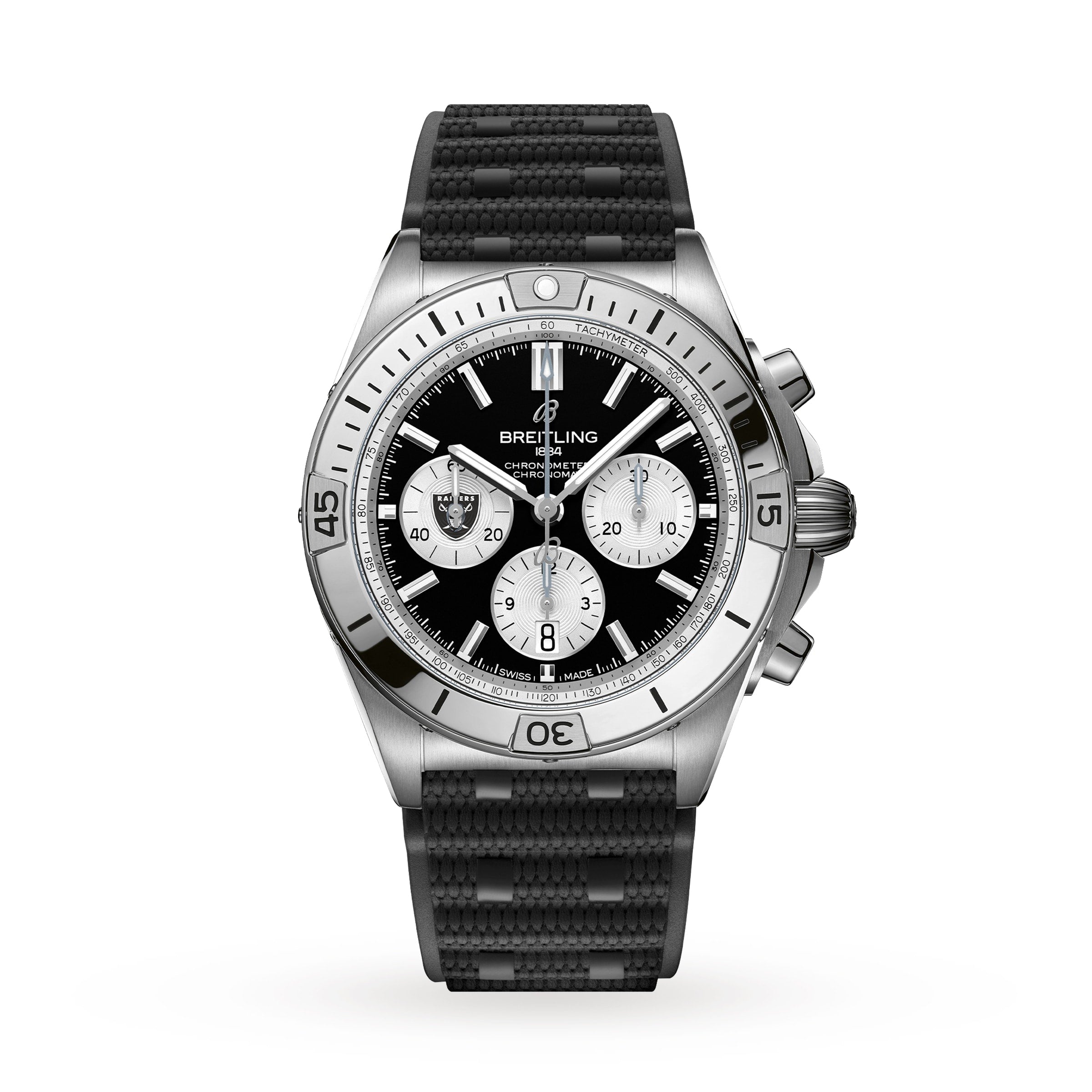 The Breitling Chronomat B01 42 NFL Las Vegas Raiders Edition features a silver case, black dial with three subdials, and a textured black strap.
