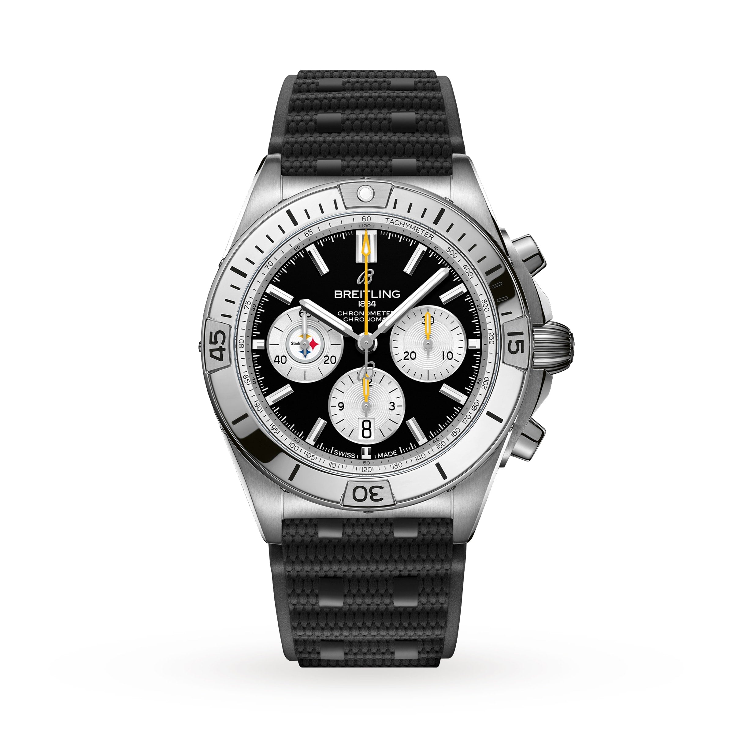 The Breitling Chronomat B01 42 NFL Pittsburgh Steelers Edition is a silver chronograph watch featuring a black face, three subdials, and a textured black strap.