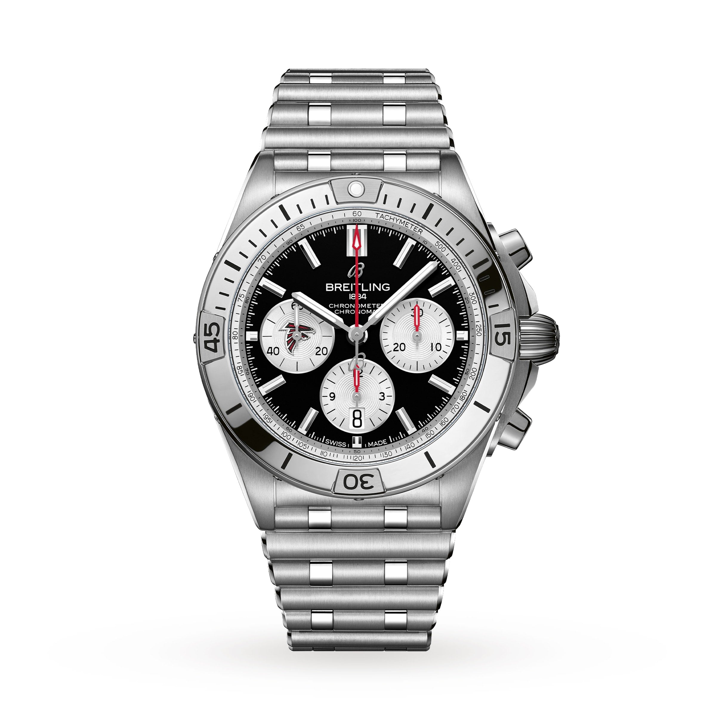 The Breitling Chronomat B01 42 NFL Atlanta Falcons Edition is a stainless steel chronograph watch featuring a black dial and silver bracelet.