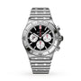 The Breitling Chronomat B01 42 NFL Atlanta Falcons Edition is a stainless steel chronograph watch featuring a black dial and silver bracelet.