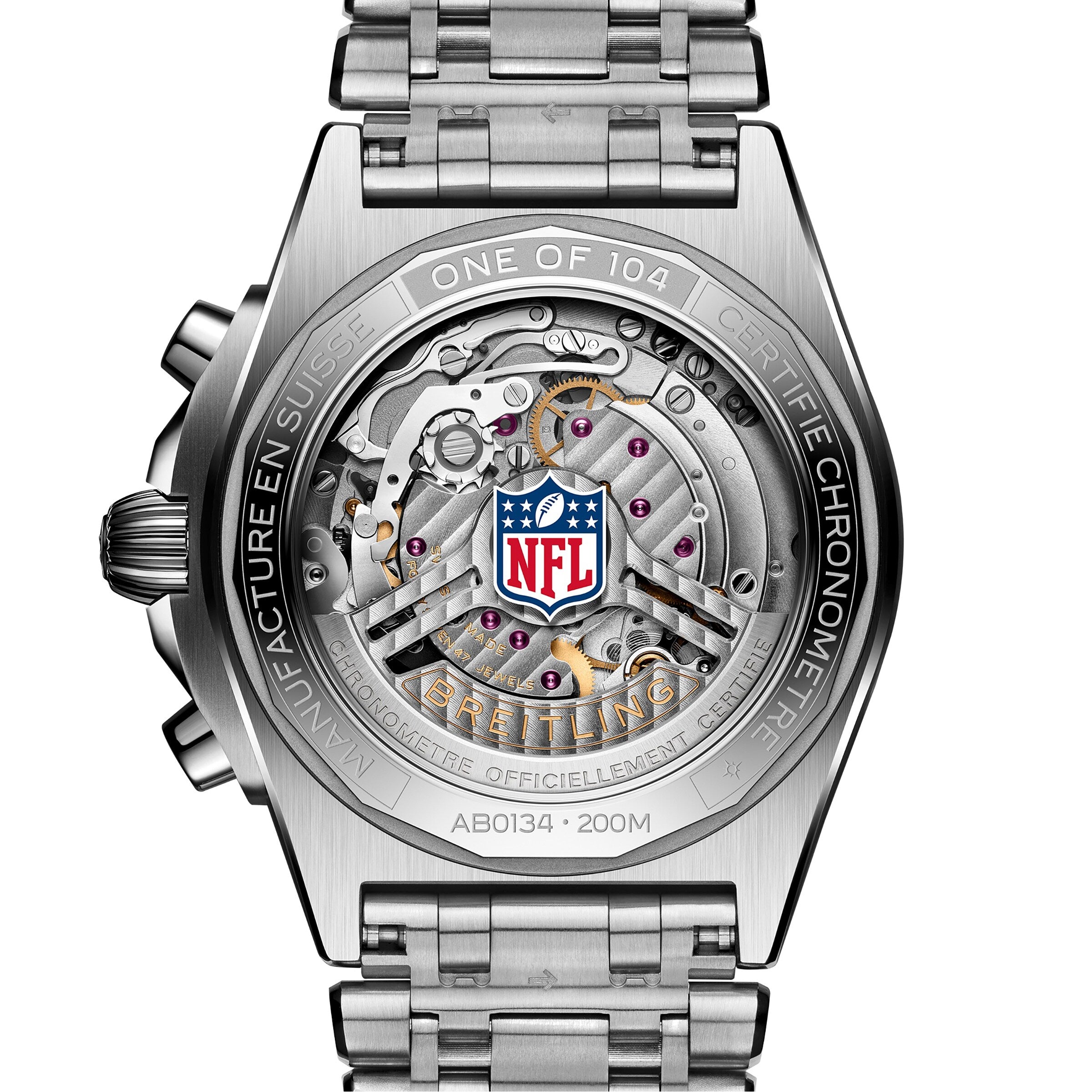 Back of the Breitling Chronomat B01 42 NFL Atlanta Falcons Edition shows exposed gears, the NFL logo, and engraved Swiss certification.