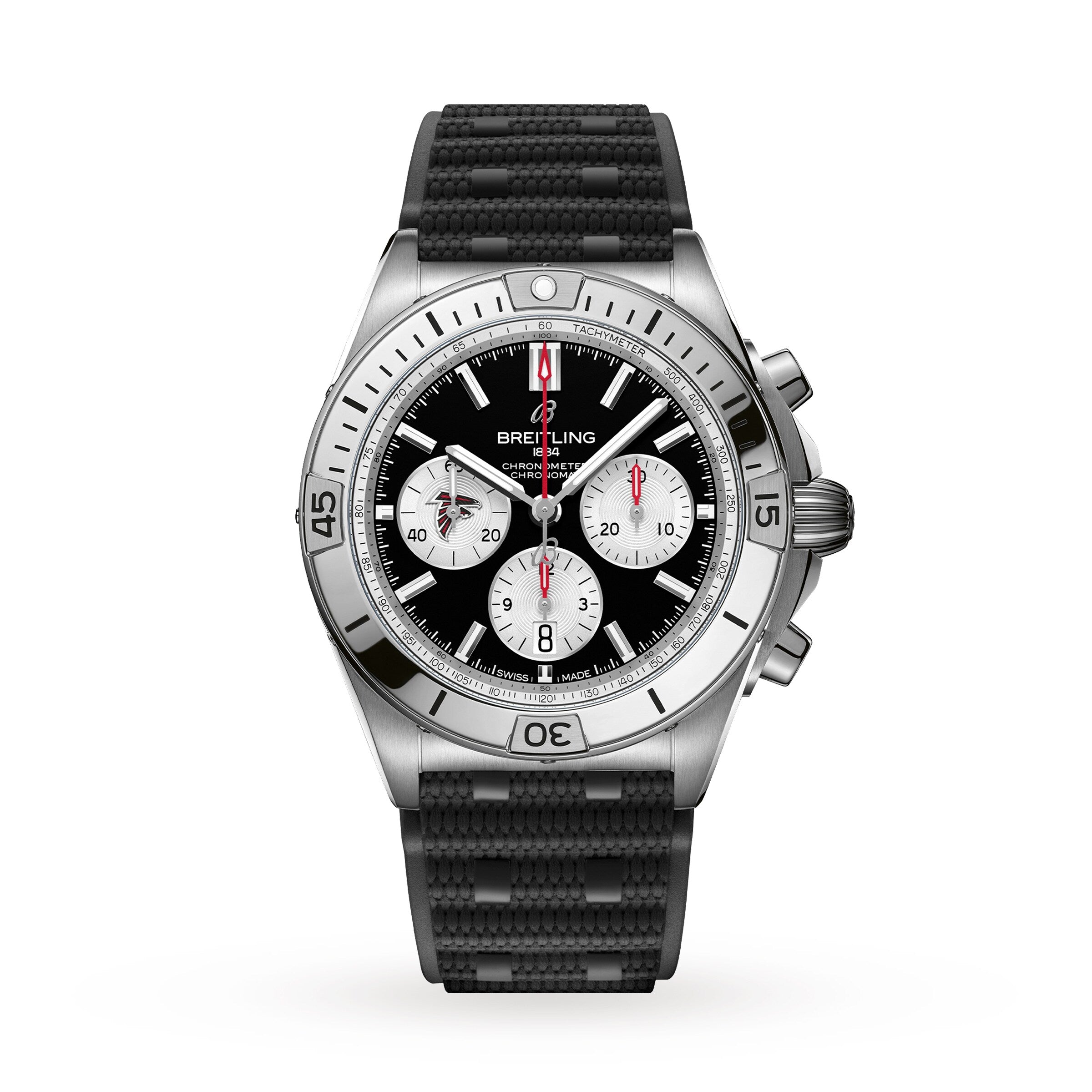 The Breitling Chronomat B01 42 NFL Atlanta Falcons Edition is a chronograph watch featuring a black dial, silver bezel, and black textured strap.