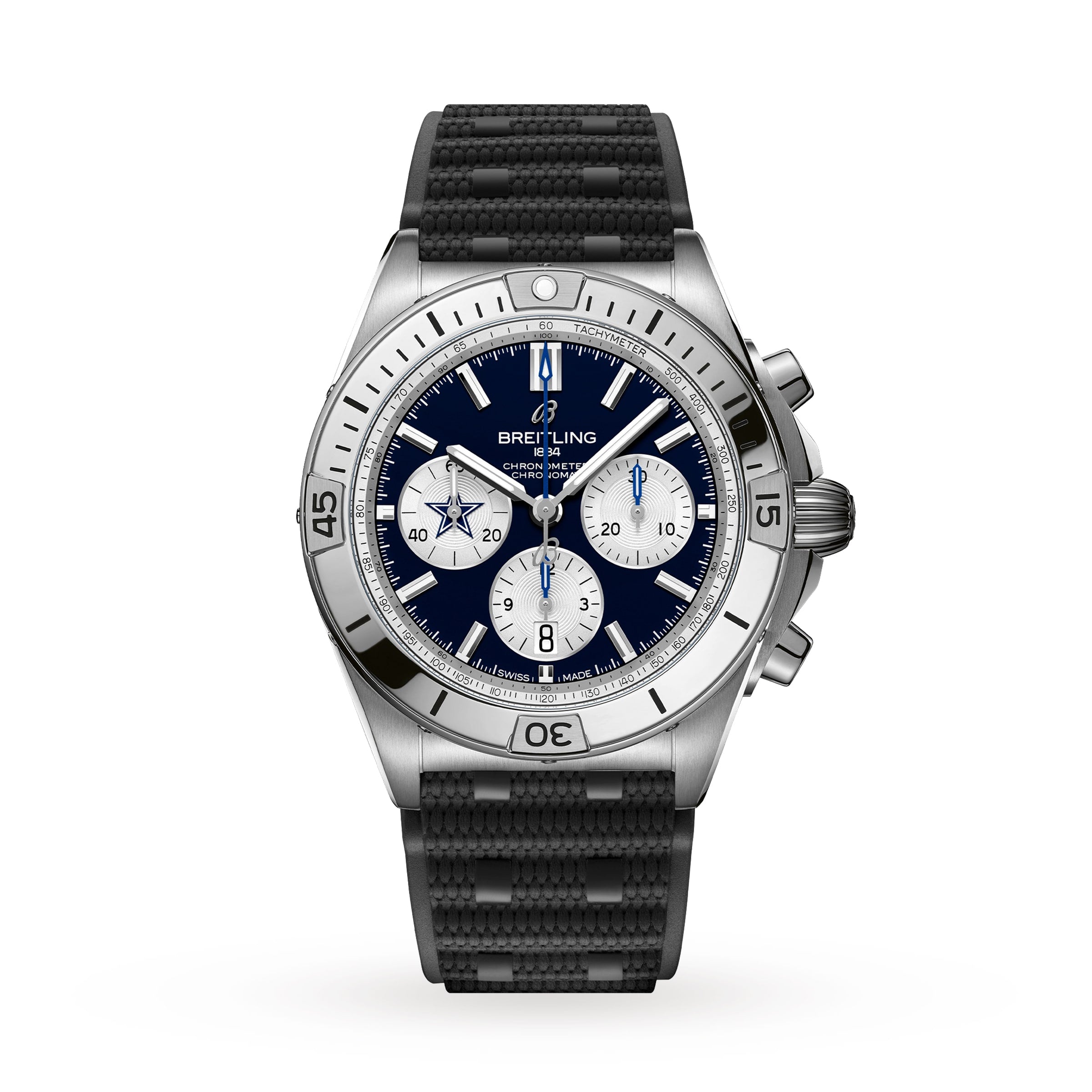The Breitling Chronomat B01 42 NFL Dallas Cowboys Edition features a silver case, black textured strap, and blue dial.