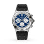 The Breitling Chronomat B01 42 NFL Indianapolis Colts Edition is a stainless steel chronograph watch featuring a blue dial, three subdials, and a black textured strap.