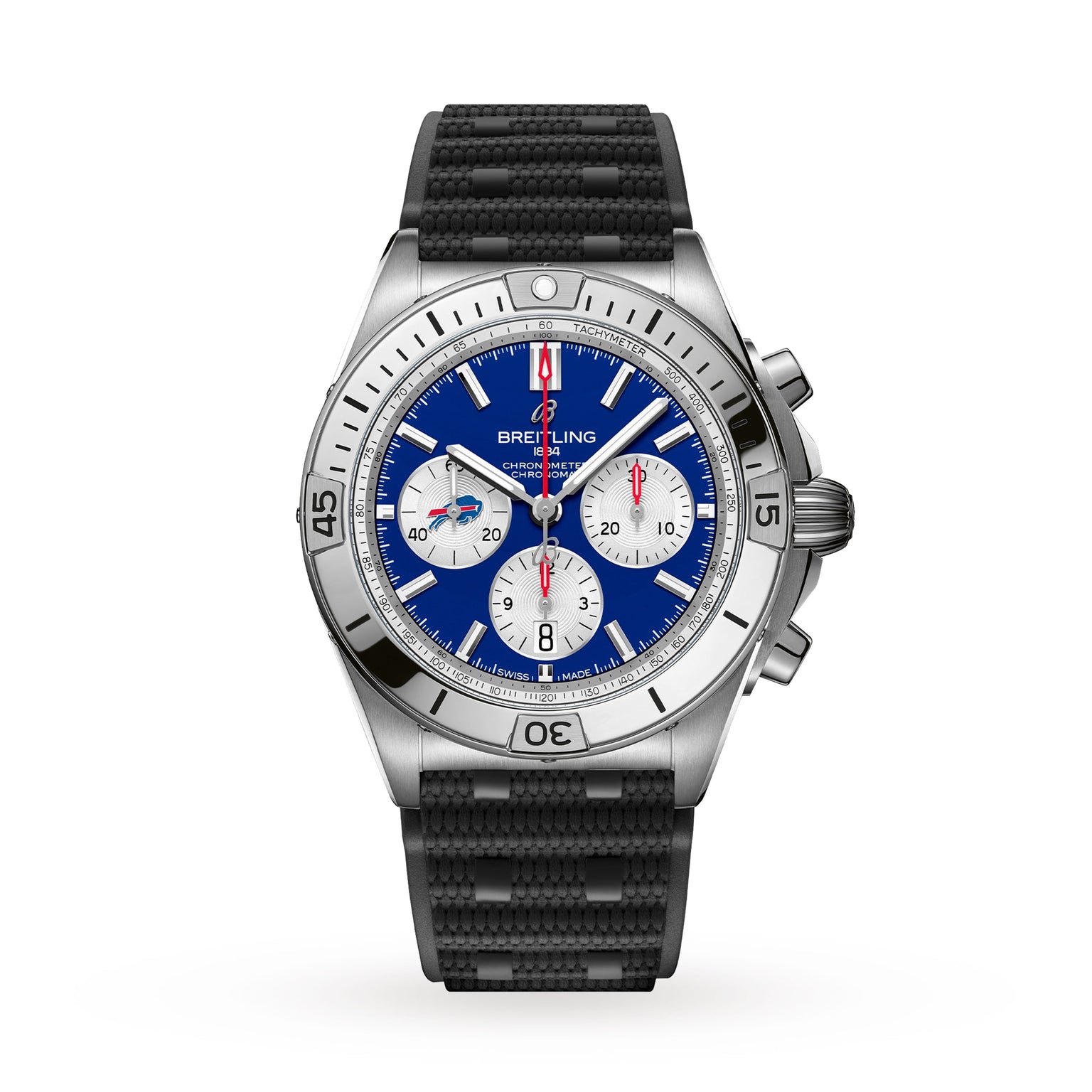 A Breitling Chronomat B01 42 NFL Buffalo Bills Edition with a blue dial and black textured strap, showing the time 10:08.