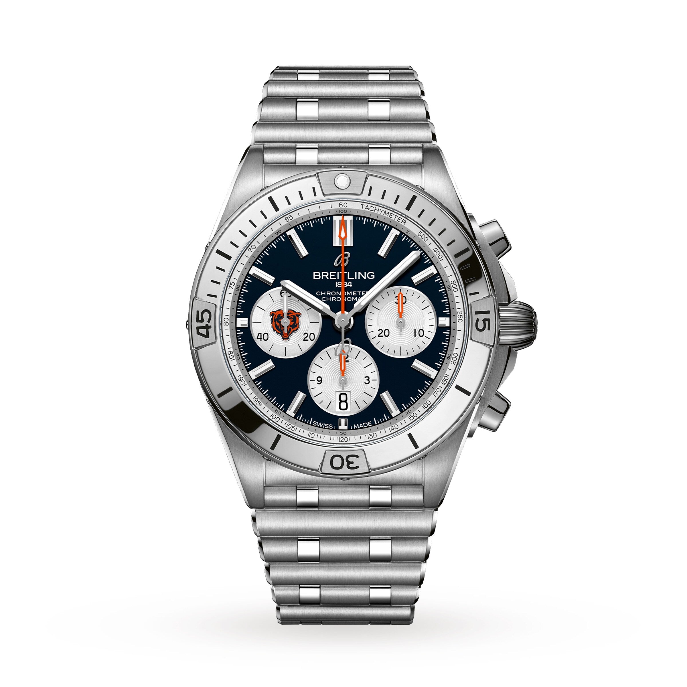 Breitling Chronomat B01 42 NFL Chicago Bears Edition with a black dial, three subdials, and a steel link bracelet.
