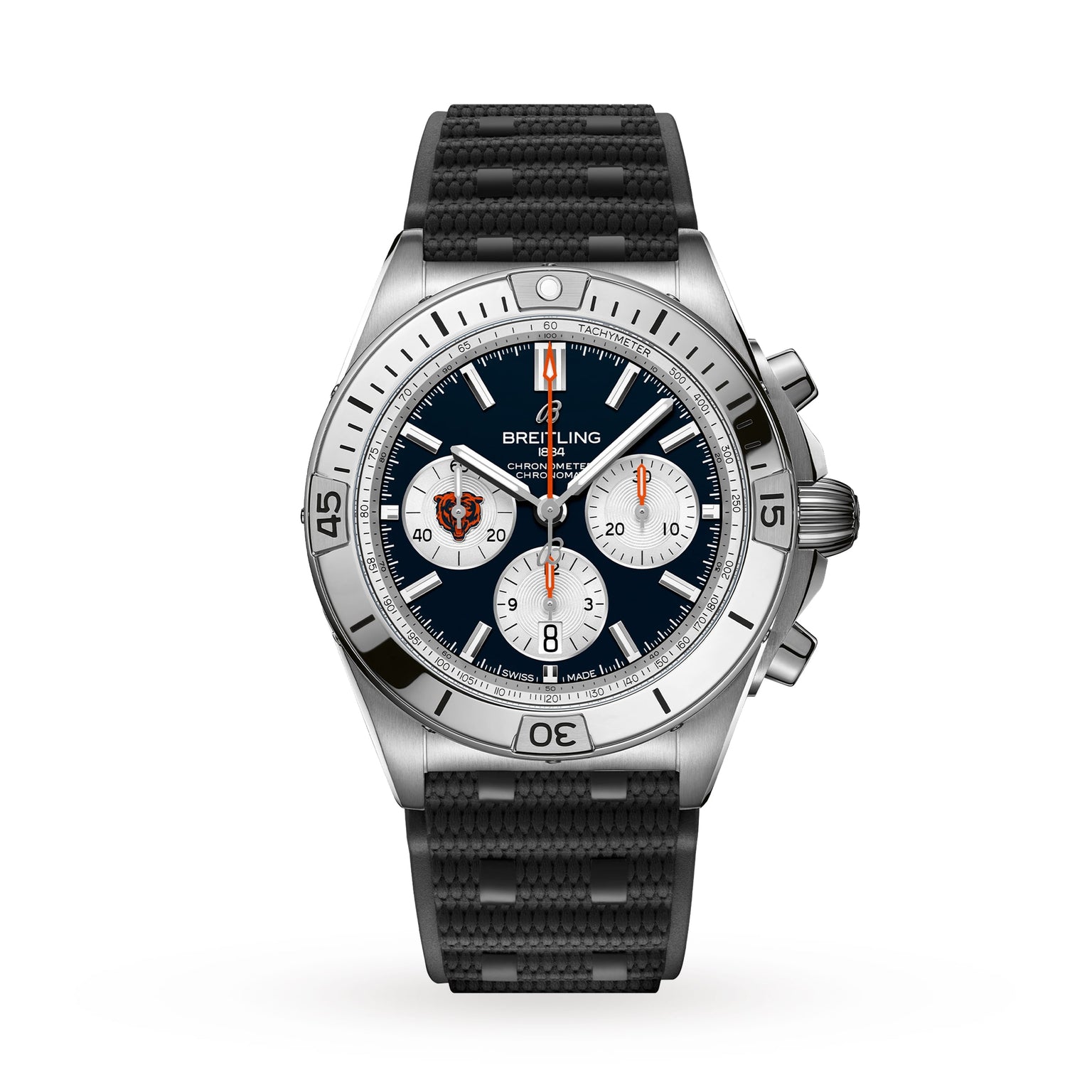 The Breitling Chronomat B01 42 NFL Chicago Bears Edition is a stainless steel chronograph watch featuring a black strap and three white subdials on a dark face.