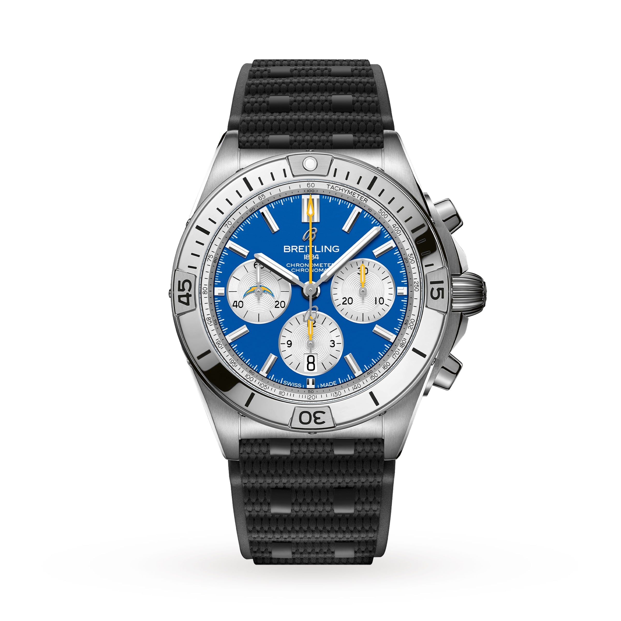 Breitling Chronomat B01 42 NFL Los Angeles Chargers Edition chronograph with blue dial, silver bezel, and black textured strap.