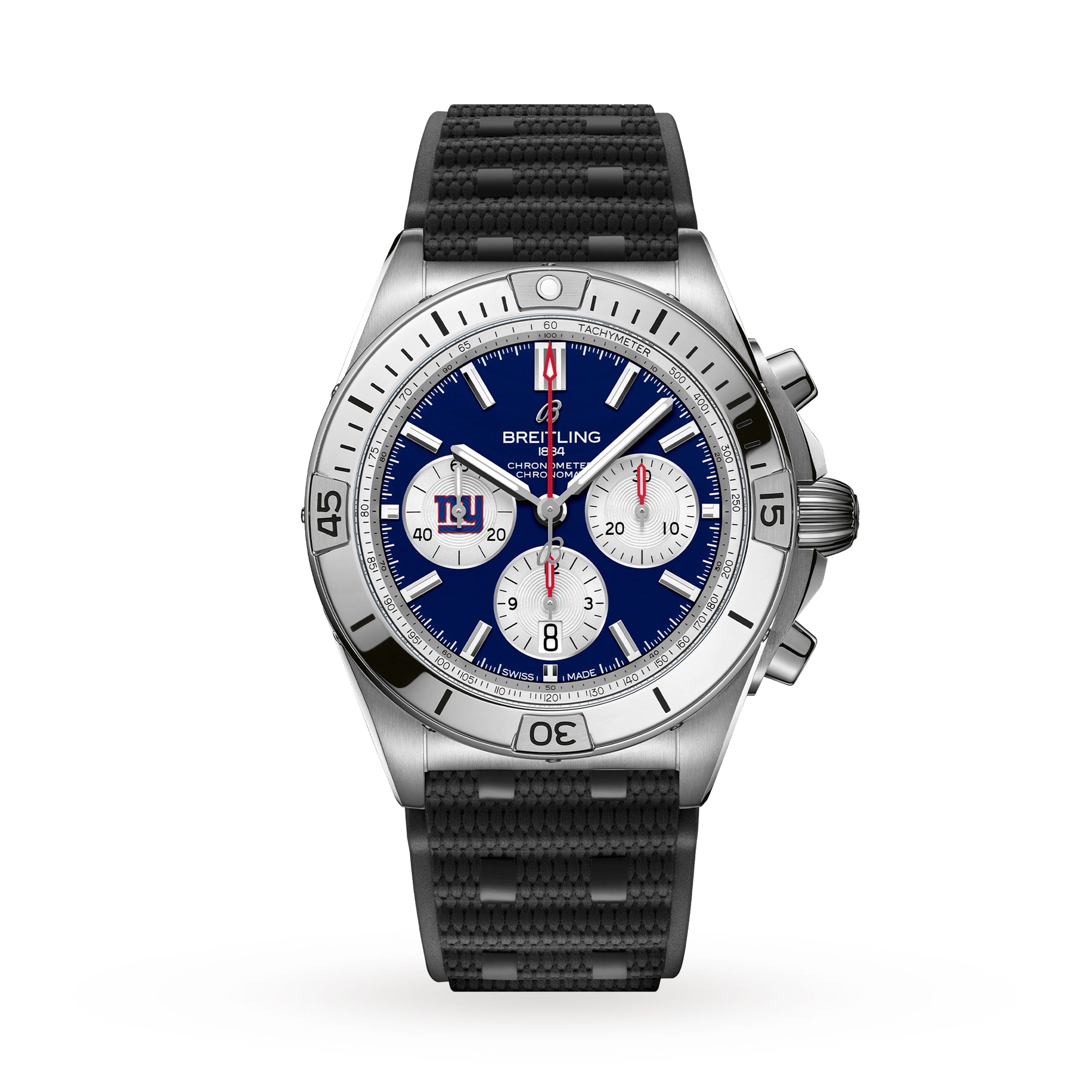 The Breitling Chronomat B01 42 NFL New York Giants Edition is a stainless steel chronograph watch featuring a blue dial and black textured strap.