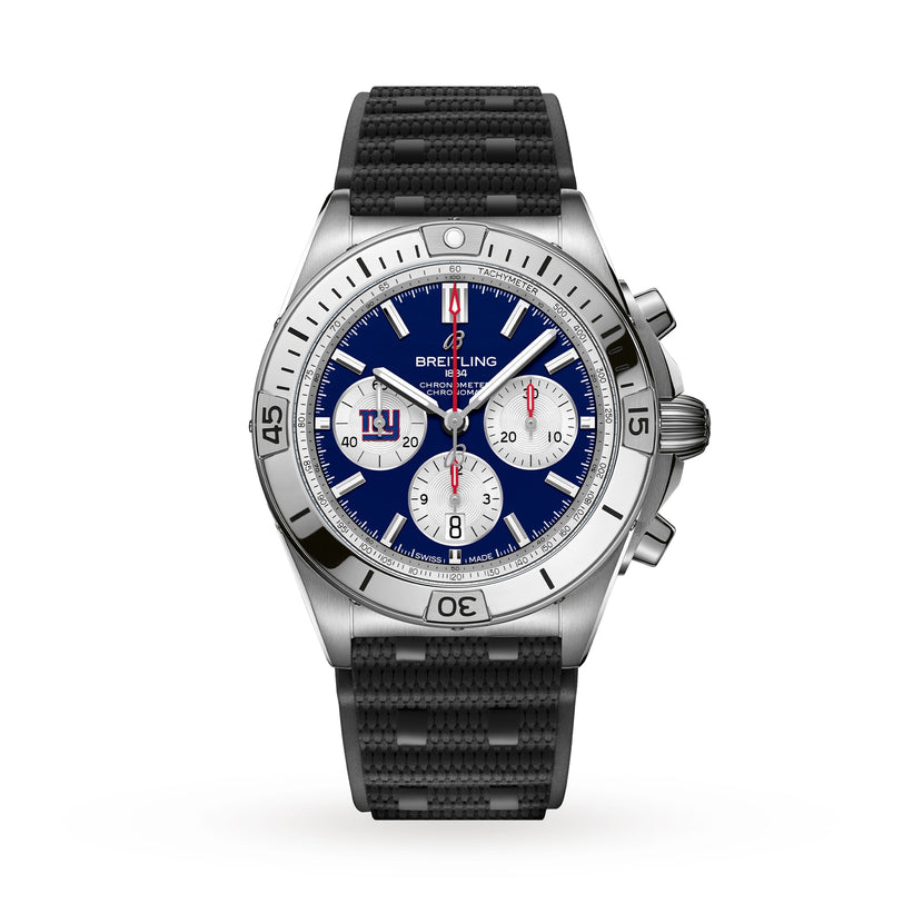 The Breitling Chronomat B01 42 NFL New York Giants Edition is a stainless steel chronograph watch featuring a blue dial and black textured strap.
