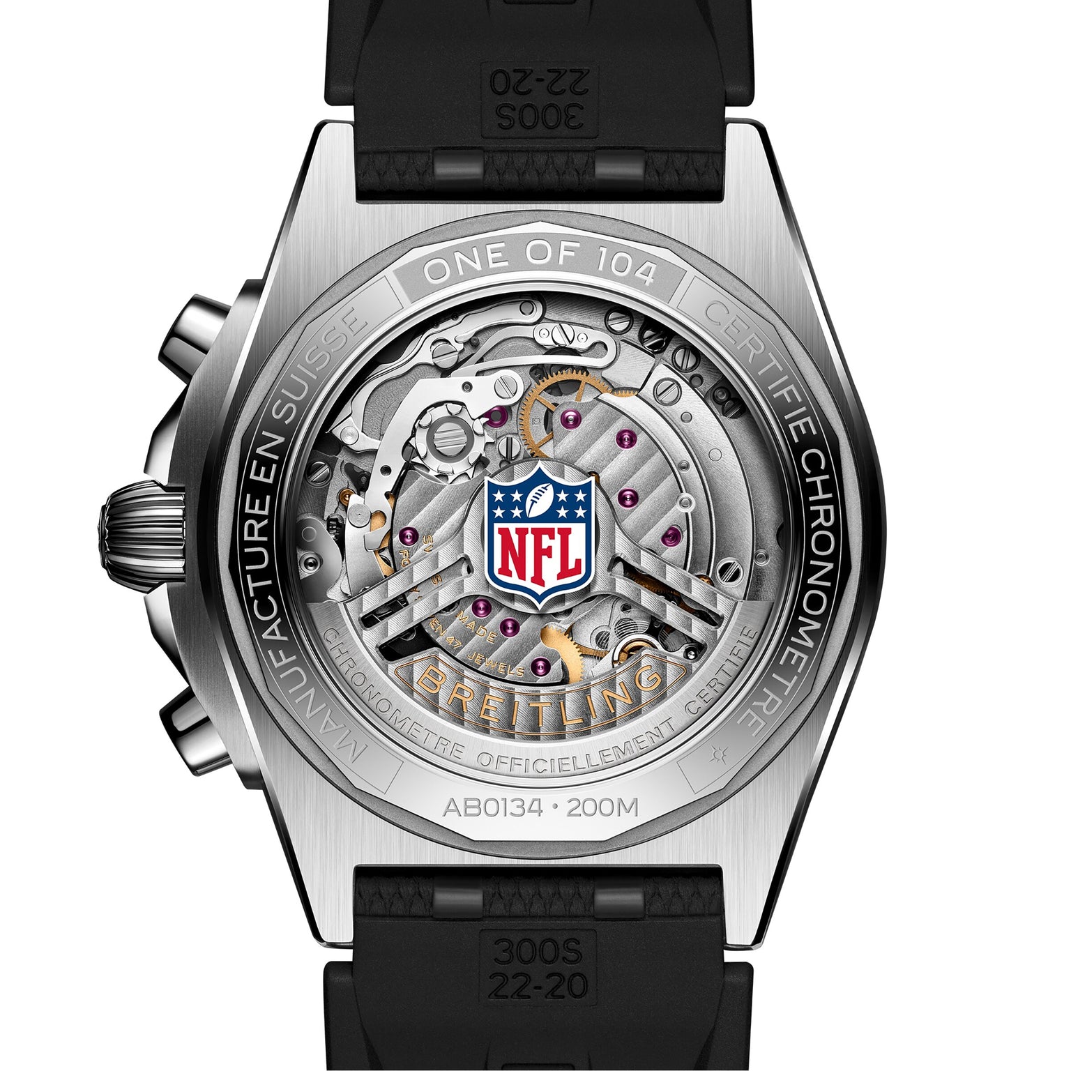 The back of the Breitling Chronomat B01 42 NFL New York Giants Edition reveals detailed mechanics and showcases the NFL logo on its movement.