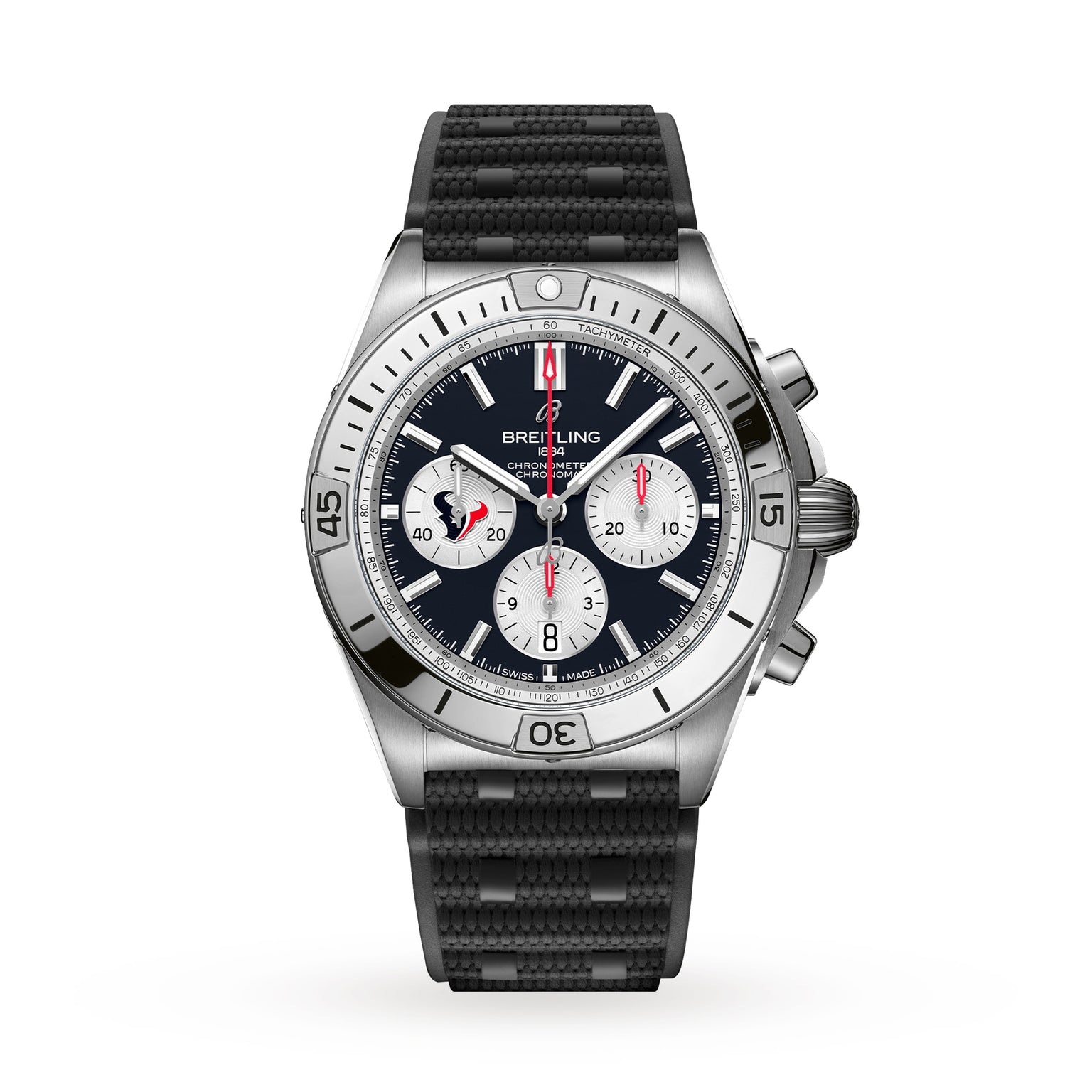 The Breitling Chronomat B01 42 NFL Houston Texans Edition is a silver chronograph with a black face, three subdials, and a textured black rubber strap.