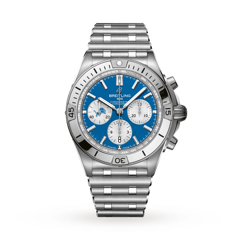 The Breitling Chronomat B01 42 NFL Detroit Lions Edition features a silver case, blue dial with three white subdials, and a metal link bracelet.