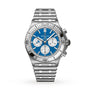 The Breitling Chronomat B01 42 NFL Detroit Lions Edition features a silver case, blue dial with three white subdials, and a metal link bracelet.
