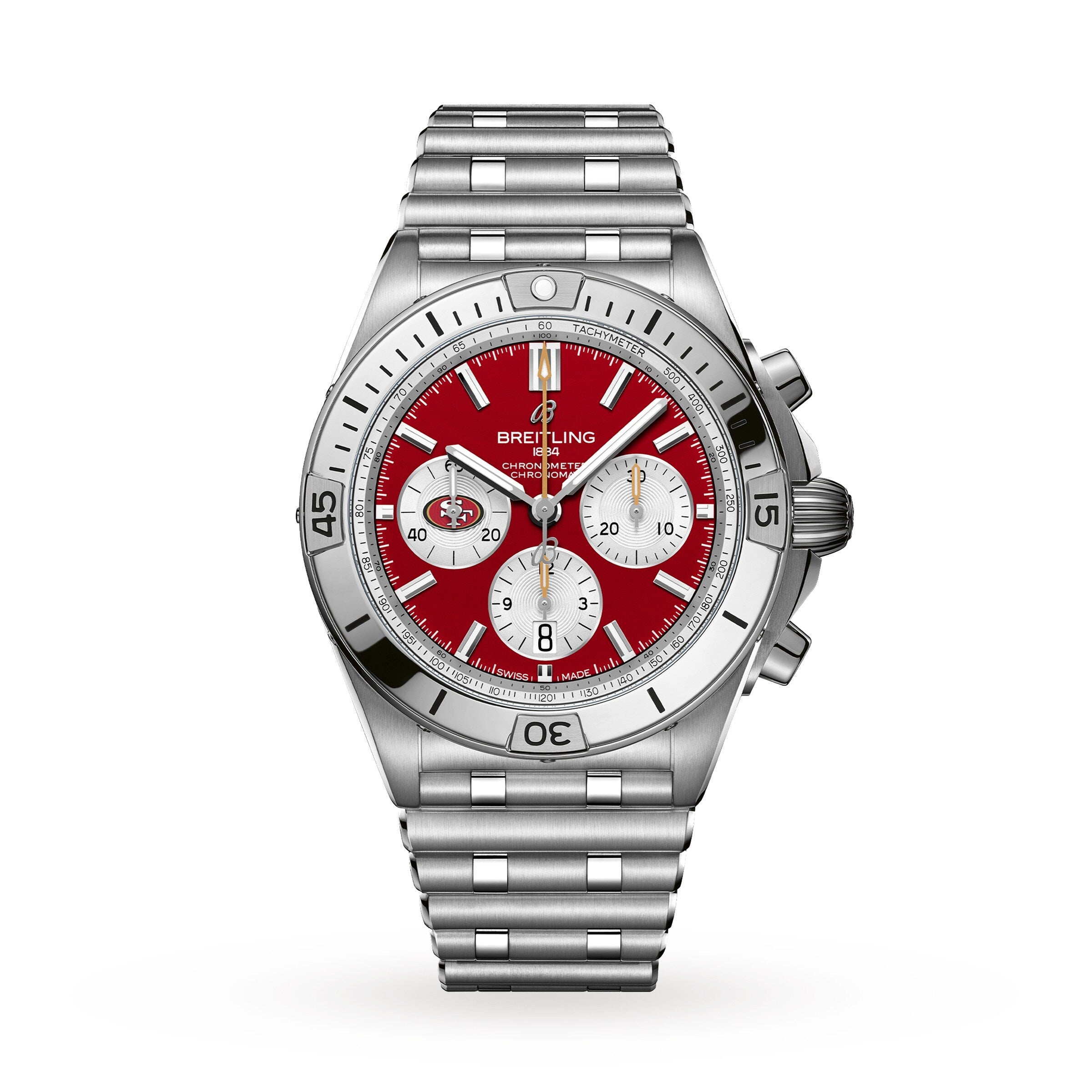 The Breitling Chronomat B01 42 NFL San Francisco 49ers Edition features a silver case, red dial with three white subdials, and a metal bracelet.