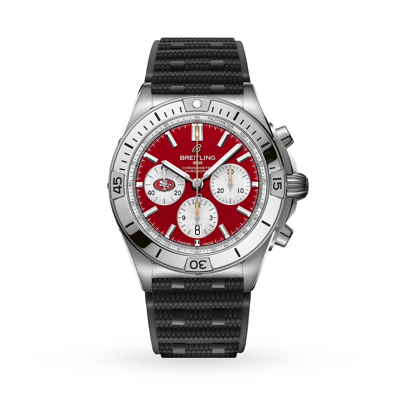 The Breitling Chronomat B01 42 NFL San Francisco 49ers Edition features a silver case, red dial, black strap, and three white subdials.