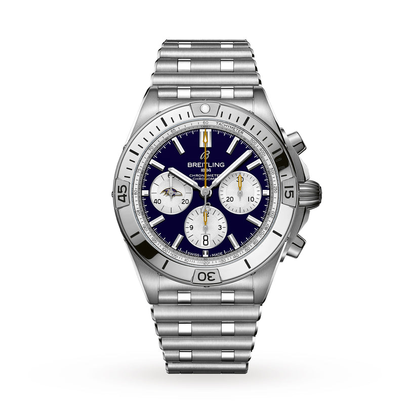 Breitling Chronomat B01 42 NFL Baltimore Ravens Edition: a silver chronograph watch featuring a blue dial, three subdials, and a stainless steel bracelet.
