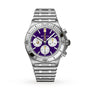 Breitling Chronomat B01 42 NFL Minnesota Vikings Edition: silver chronograph watch with a purple dial, three subdials, and a matching silver strap.