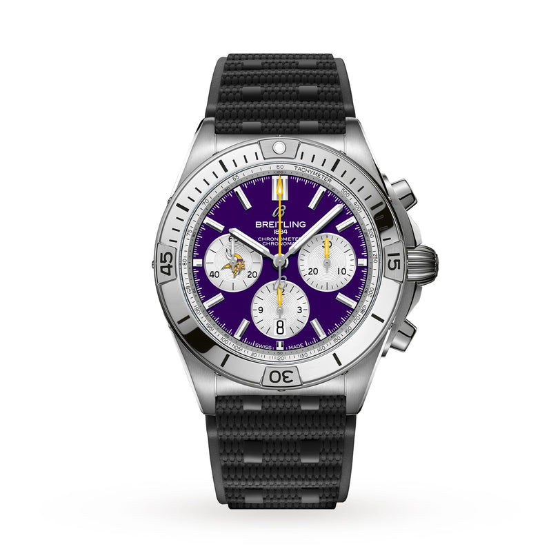 Breitling Chronomat B01 42 NFL Minnesota Vikings Edition: Silver chronograph watch with purple dial, three subdials, and a black textured strap.