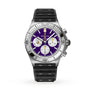 Breitling Chronomat B01 42 NFL Minnesota Vikings Edition: Silver chronograph watch with purple dial, three subdials, and a black textured strap.